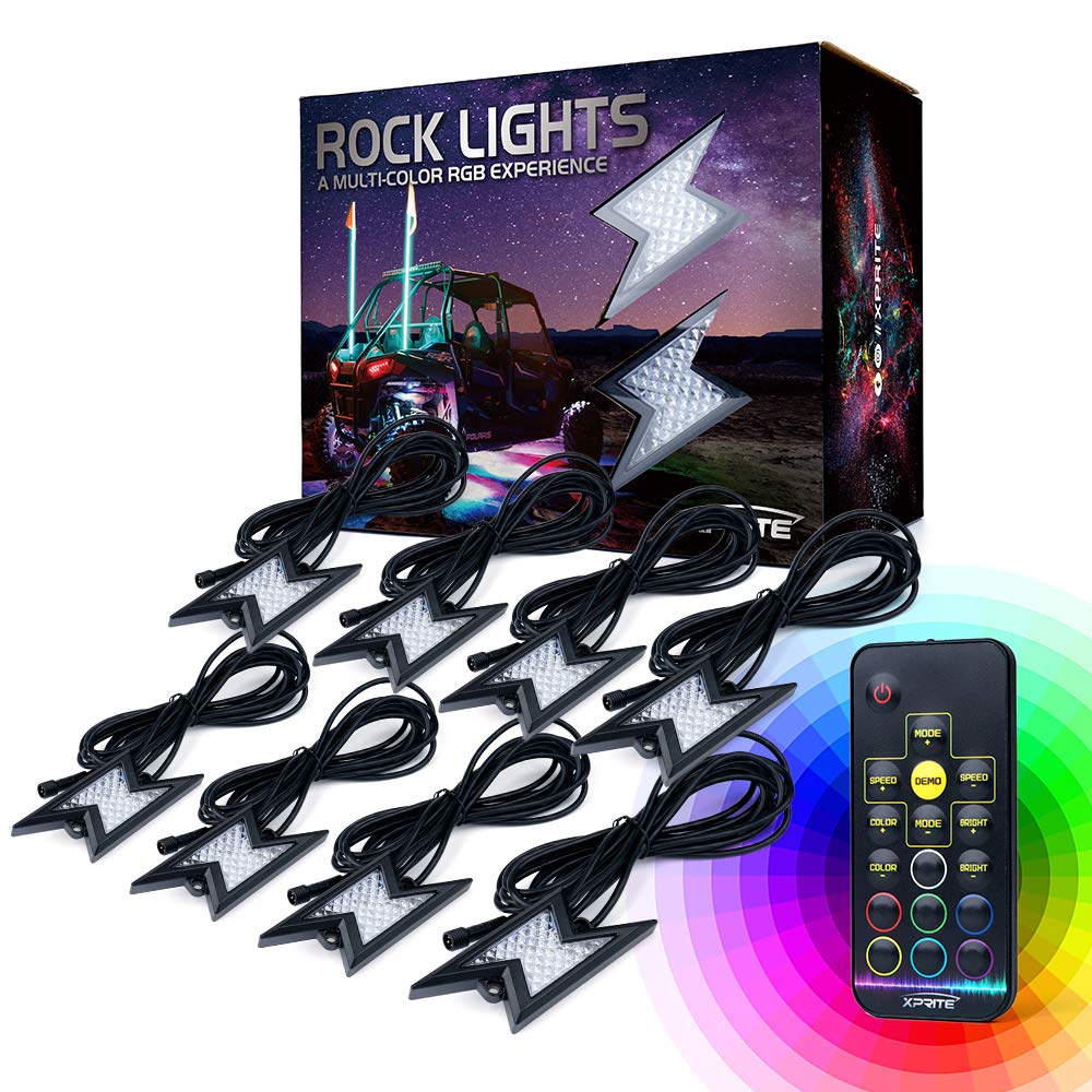 Xprite 8pc RGB LED Rock Lights with Wireless Remote Control - Multicolor Underglow Lighting Kit for Off Road Trucks, Jeeps, UTVs, ATVs & SUVs | Flashing, Auto Scroll Modes | Perfect for Night Rides, Car Shows & Off-Road Adventures (Patent Pending Design)