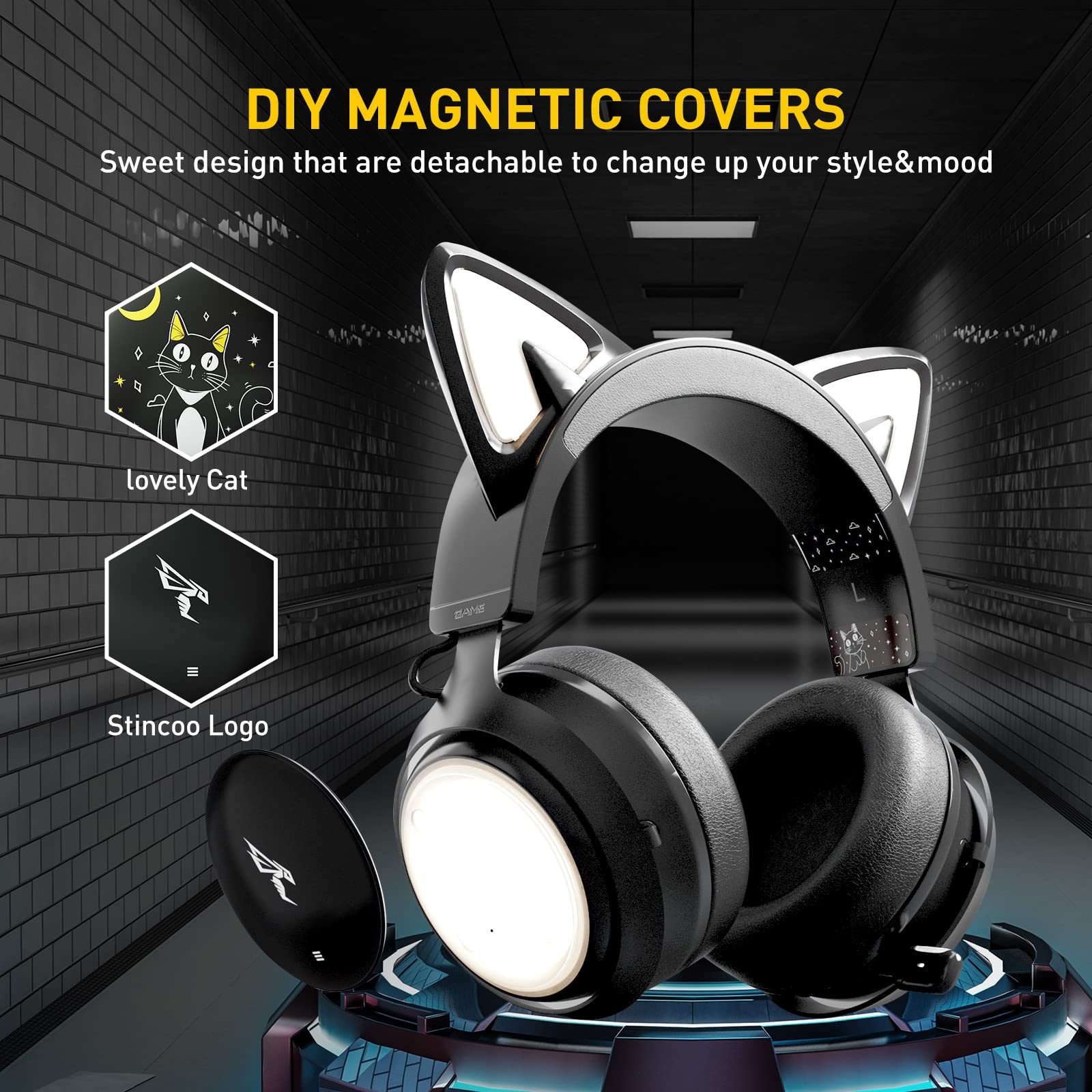 SOMiC GS510 Cat Ear Gaming Headset with Retractable Mic - 3.5mm Wired Noise Cancelling Headphones for Xbox One, PS5, PS4, PC (Black) - Perfect for Live Streaming, Gaming & Online Classes