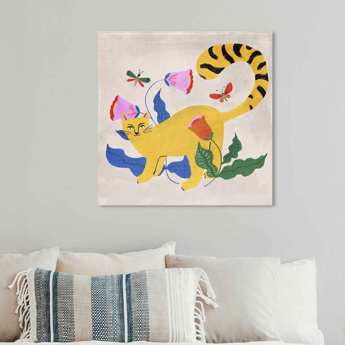 Modern Yellow Floral Kitten Butterfly Canvas Wall Art Print - Blonde Tabby Cat Garden Decor for Bedroom, Living Room & Nursery | Home Wall Decorations