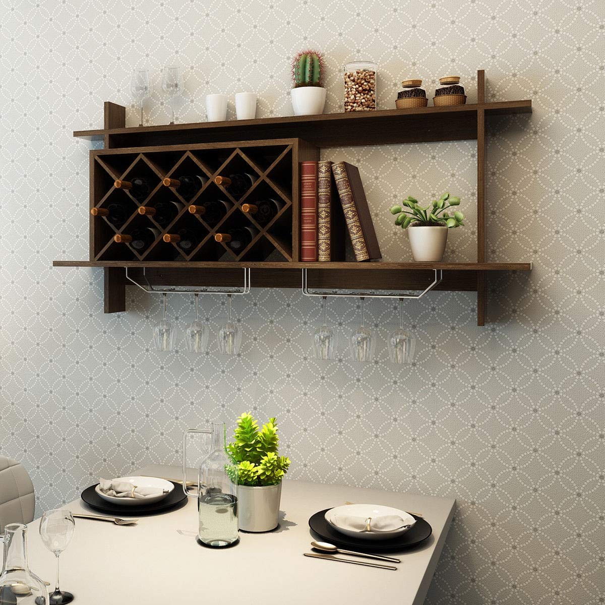 Sturdy Wall Mount Wine Rack with Glass Holder & Storage Shelf - Perfect for Kitchen, Dining Room, Bar, and Home Decor