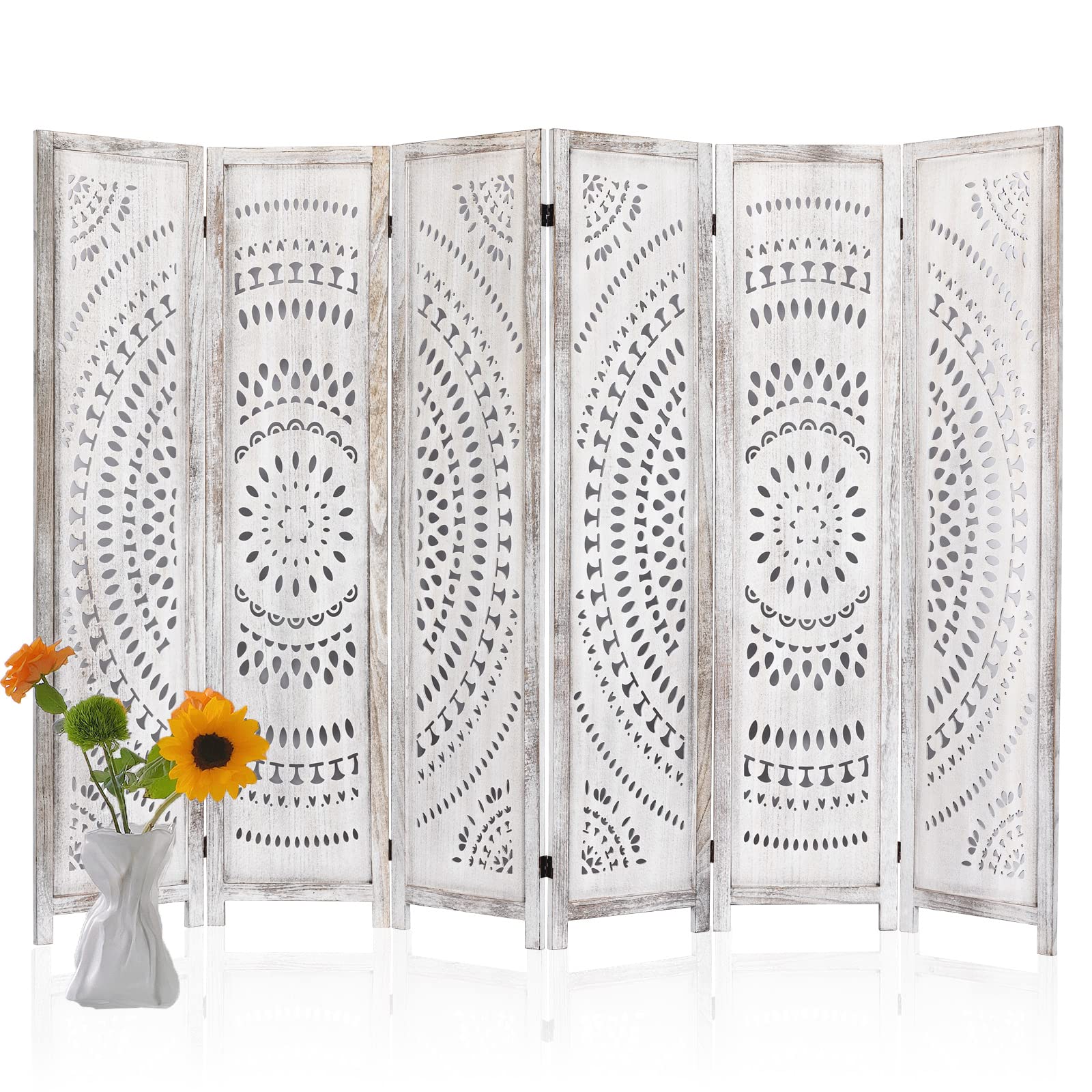 6 Panel White Wood Folding Room Divider Screen - 66.9 Inch Privacy Partition for Living Room, Bedroom & Office - No Assembly Needed - Perfect for Space Separation, Home Decor & Event Setup
