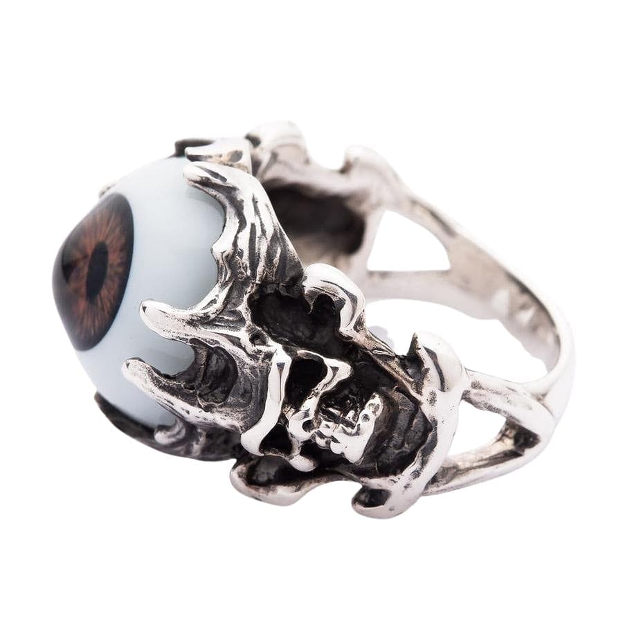 Gothic Devil Skull Ring with Brown Eyeball - Sterling Silver Jewelry for Men & Women - Perfect for Halloween, Punk Fashion, and Dark Aesthetic Outfits