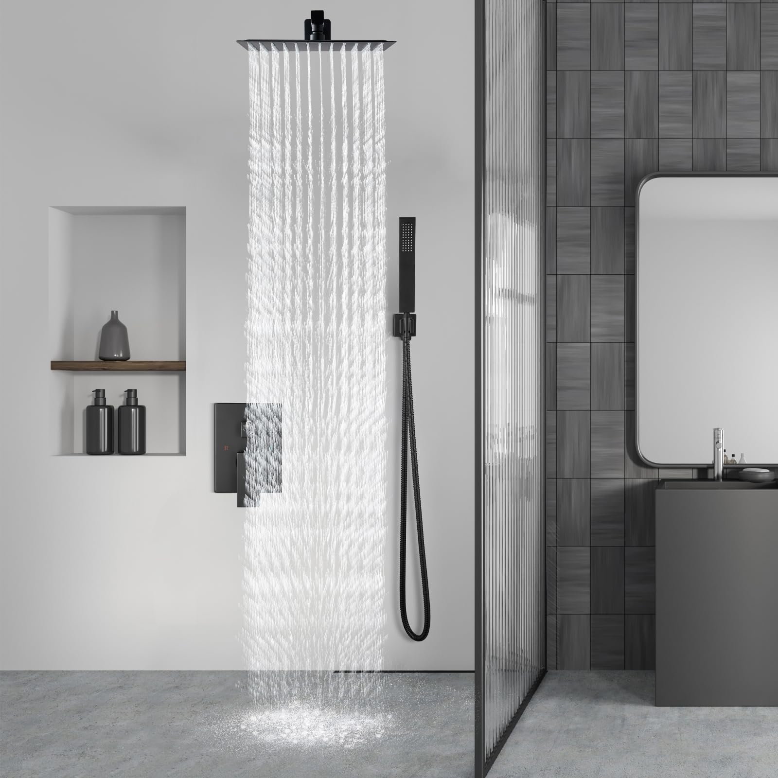 Aolemi Matte Black 8 Inch Wall Mount Shower Faucet Set - Rain Shower System with Handheld Spray, Rough-in Valve & Shower Trim Kit - Perfect for Modern Bathroom Renovation & Spa-Like Shower Experience