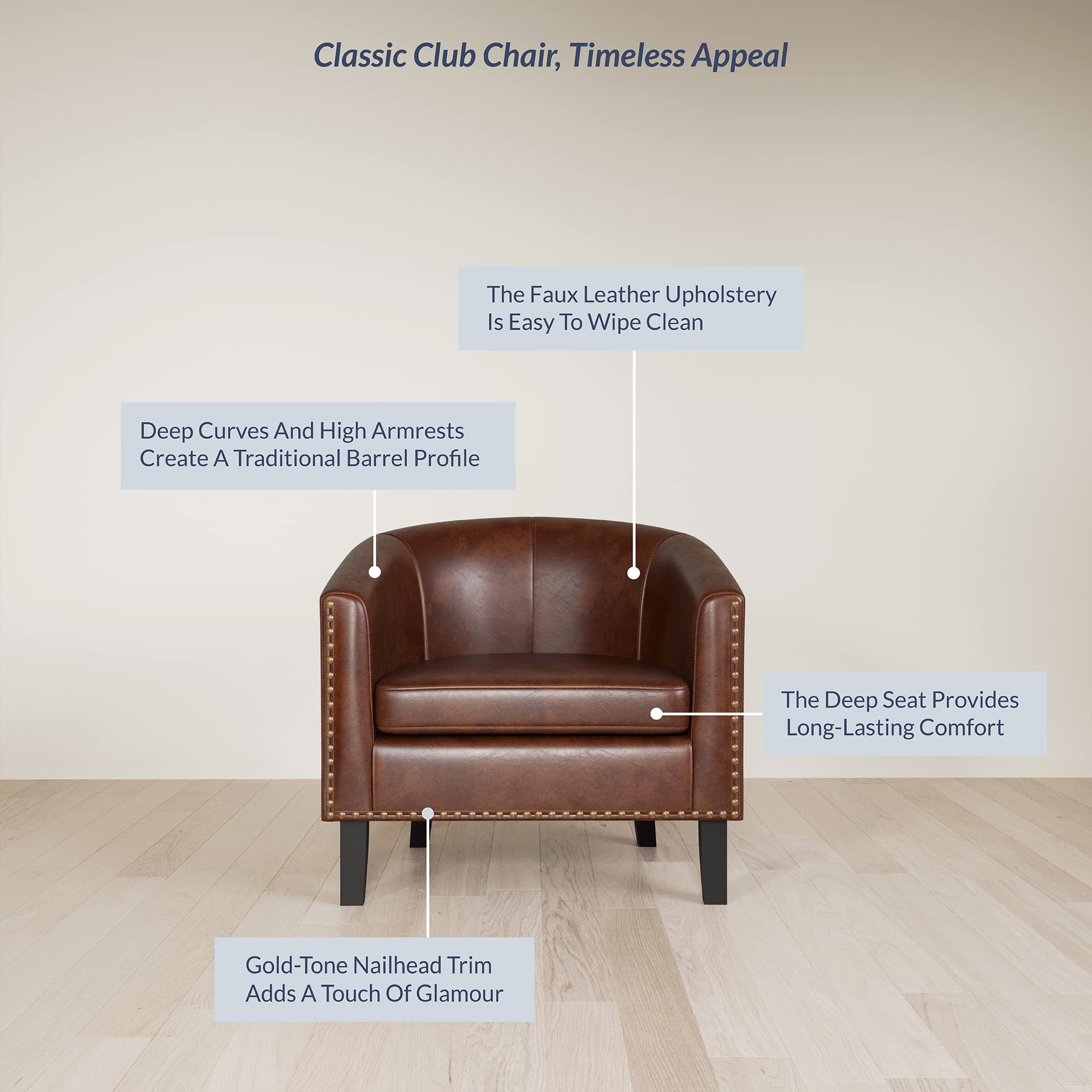 BELLEZE Modern Accent Barrel Chairs Set of 2 - Faux Leather Upholstered Tub Club Chairs with Gold Nail Head Trim & Black Legs for Living Room, Lounge, Bedroom - Kyara Brown (Perfect for Reading Nook, Coffee Corner or Cozy Conversation Area)