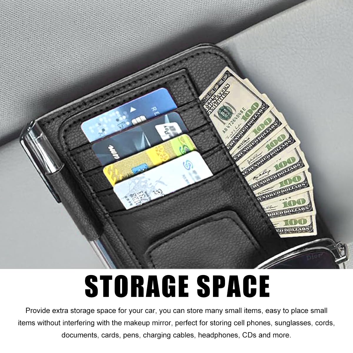 Premium Car Sun Visor Organizer - Waterproof Leather Storage Clip with Sunglasses Holder | Universal Vehicle Accessory for Glasses, Cards & Small Items | Perfect for Road Trips & Daily Commute (Black)