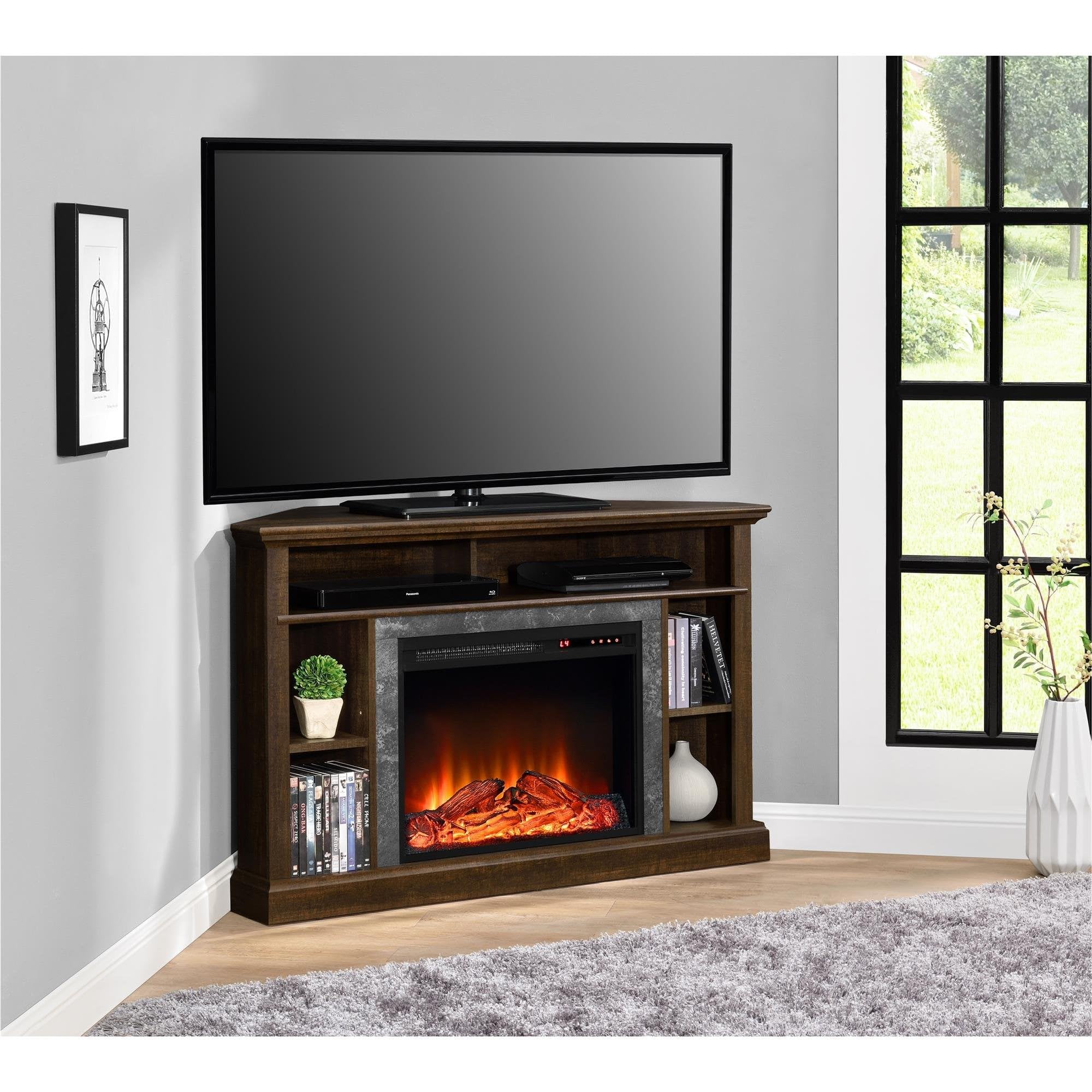 Ameriwood Home Overland 50 Inch Corner Fireplace TV Stand with Electric Heater Insert - Remote Control, Timer, Realistic Flame & Log Effect in Espresso - Perfect for Living Room, Bedroom & Home Theater Setup
