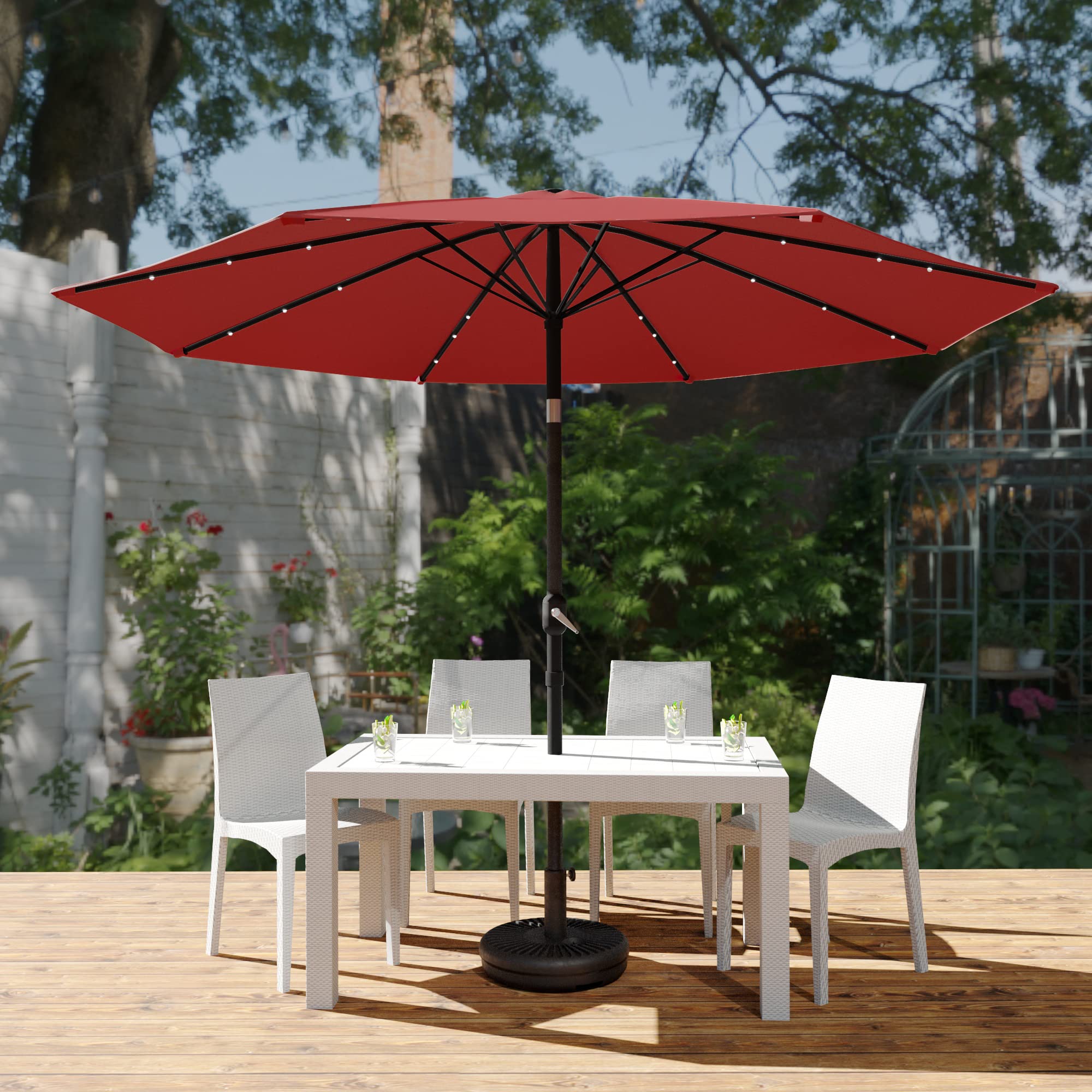 LeisureMod Sierra 9-Foot Outdoor Patio Umbrella with Crank & Tilt Mechanism, Solar LED Lights - Perfect for Backyard, Poolside, and Garden Relaxation