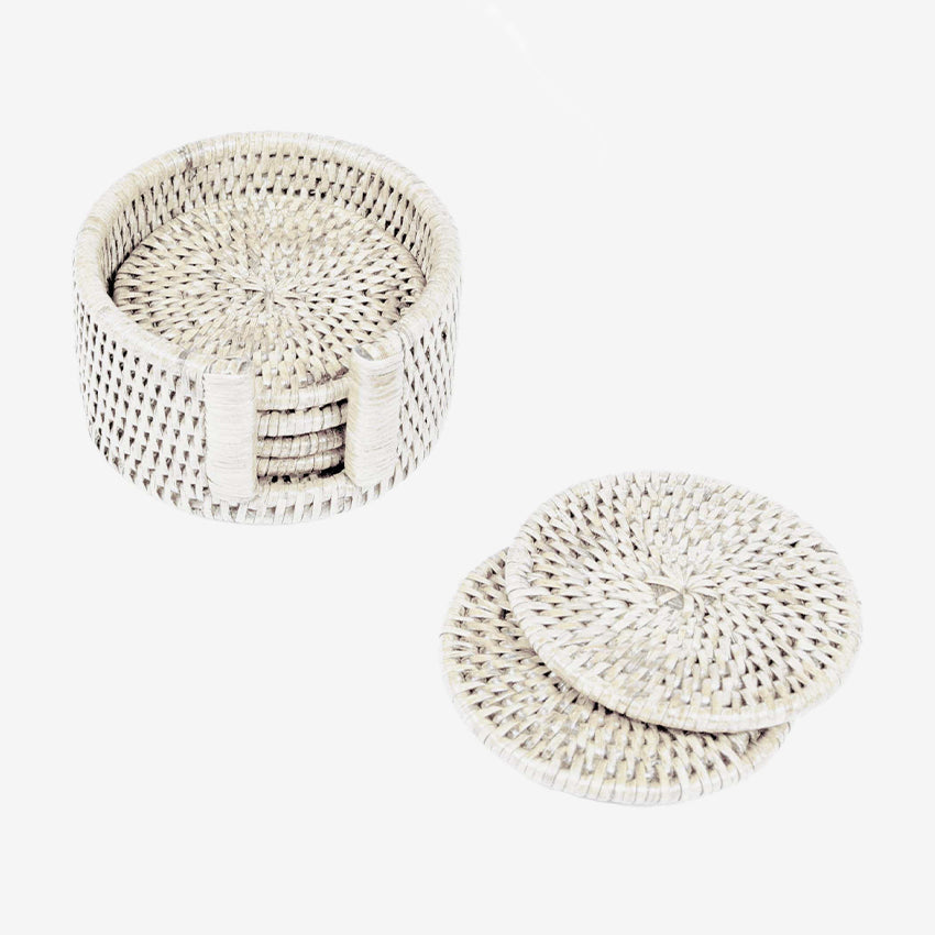 Caspari Rattan Round Coaster Holder - Natural Woven Coaster Set for Drinks, Hot & Cold Beverages - Perfect for Home, Kitchen, Dining Table, Bar, and Party Decor