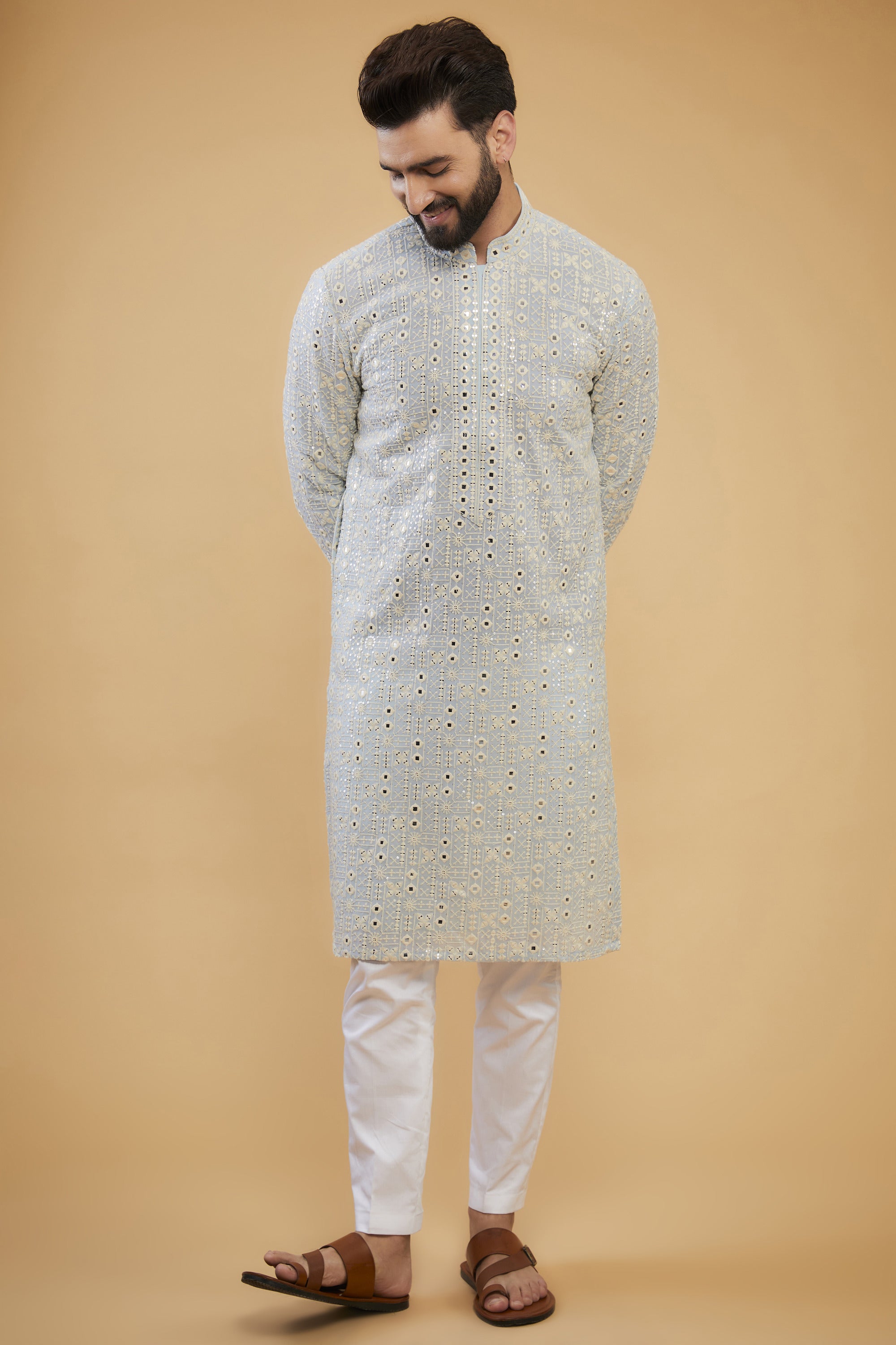 Elegant Powder Blue Mirror Work Kurta with Intricate Neckline – Perfect for Festivals, Weddings, and Ethnic Occasions
