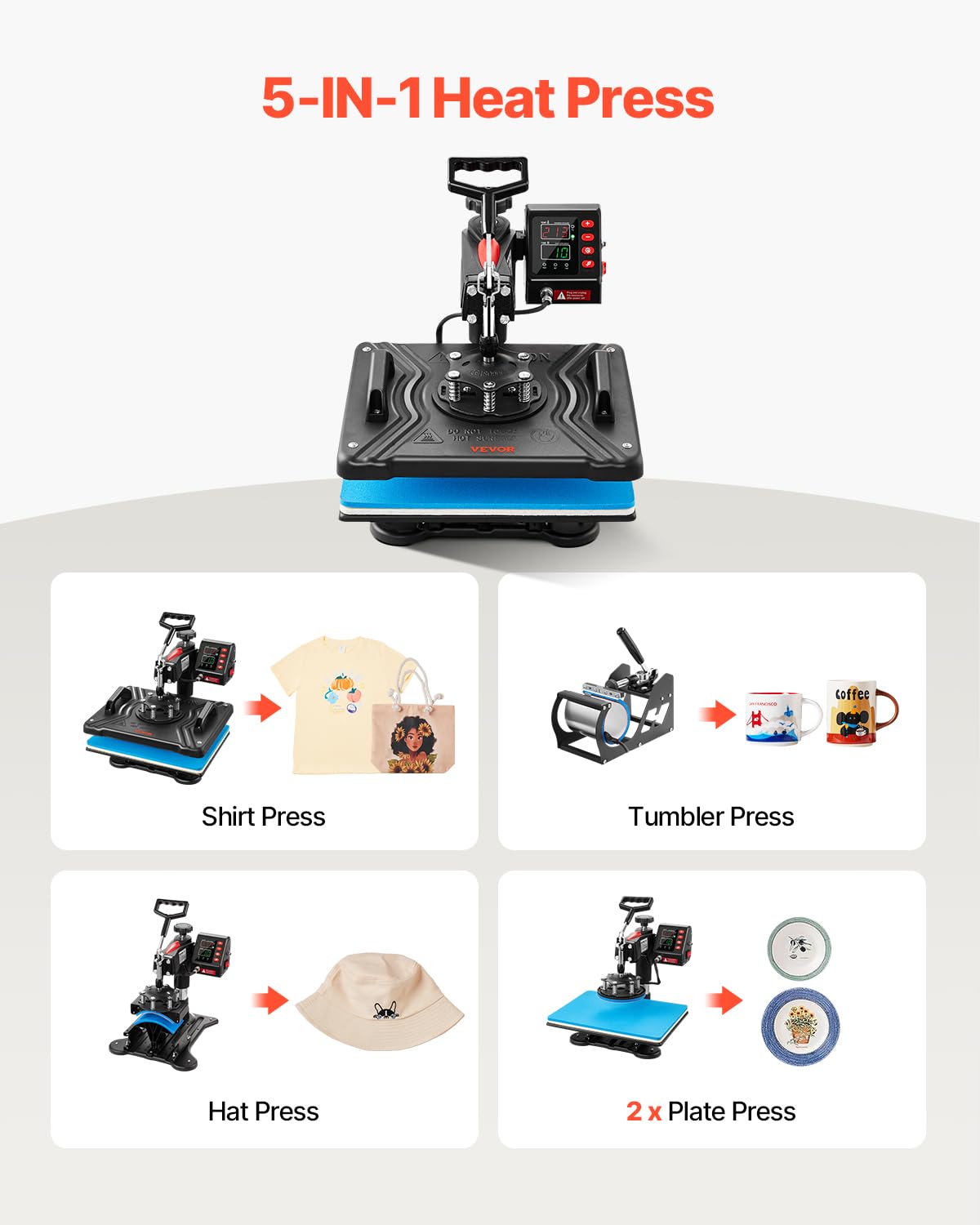 VEVOR 5 in 1 Heat Press Machine 12x15 Inch - Digital Professional T-Shirt Heat Transfer Press with 360° Swing Away Design for Sublimation on Shirts, Hats, Mugs & Plates | Perfect for DIY Crafts, Custom Apparel & Small Business Printing