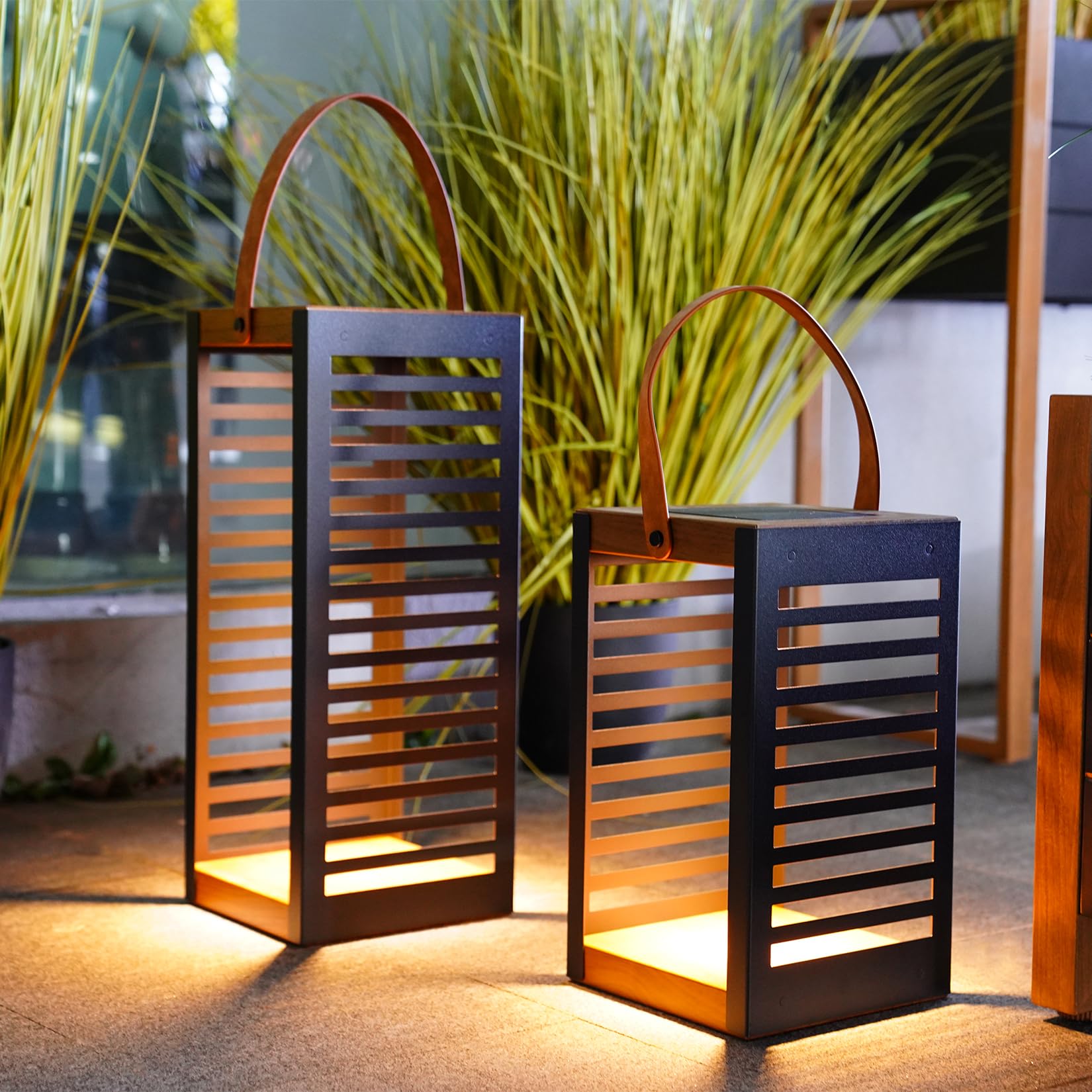 Solar Powered Outdoor Floor Lamp 2-Pack - Waterproof Metal Solar Lantern with Handle for Patio, Garden, Yard, Porch - Large & Small Size for Landscape Lighting & Plant Decor