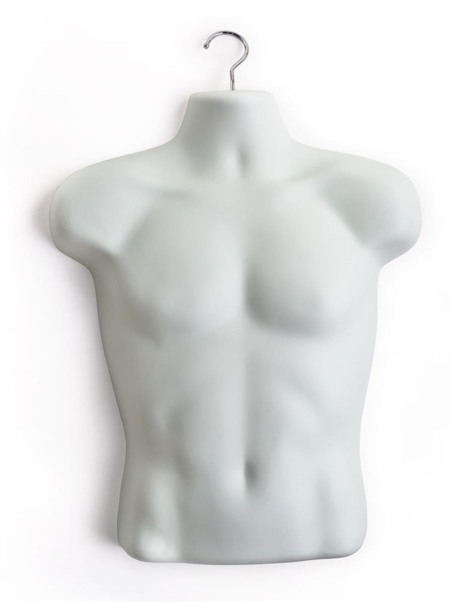 Heavy Duty White Polyethylene Plastic Hanging Male Torso Dress Forms with Hook - Set of 10 for Clothing Display, Retail Stores & Tailor Shops