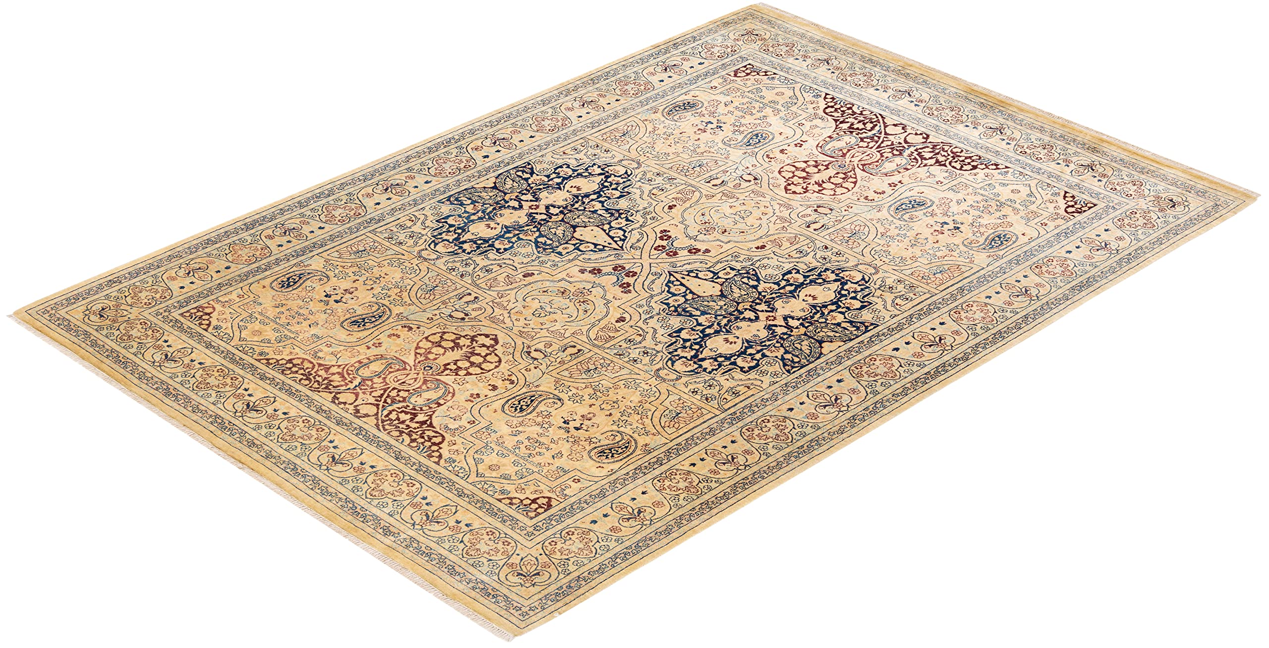 Handmade Wool Traditional Floral Mogul Ivory 6x9 Area Rug - Solo Rugs One of a Kind Hand Knotted - Perfect for Living Room, Bedroom & Home Decor