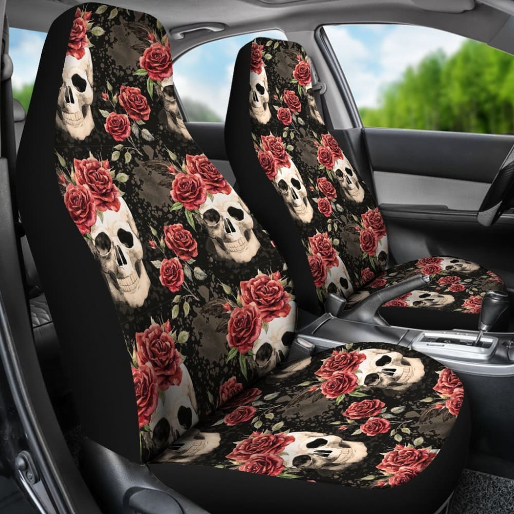 2 Pcs Floral Sugar Skull Car Seat Covers - Day of The Dead Mexican Style Decor for Cars, Trucks & SUVs - Perfect for Halloween, Dia de Muertos & Themed Parties
