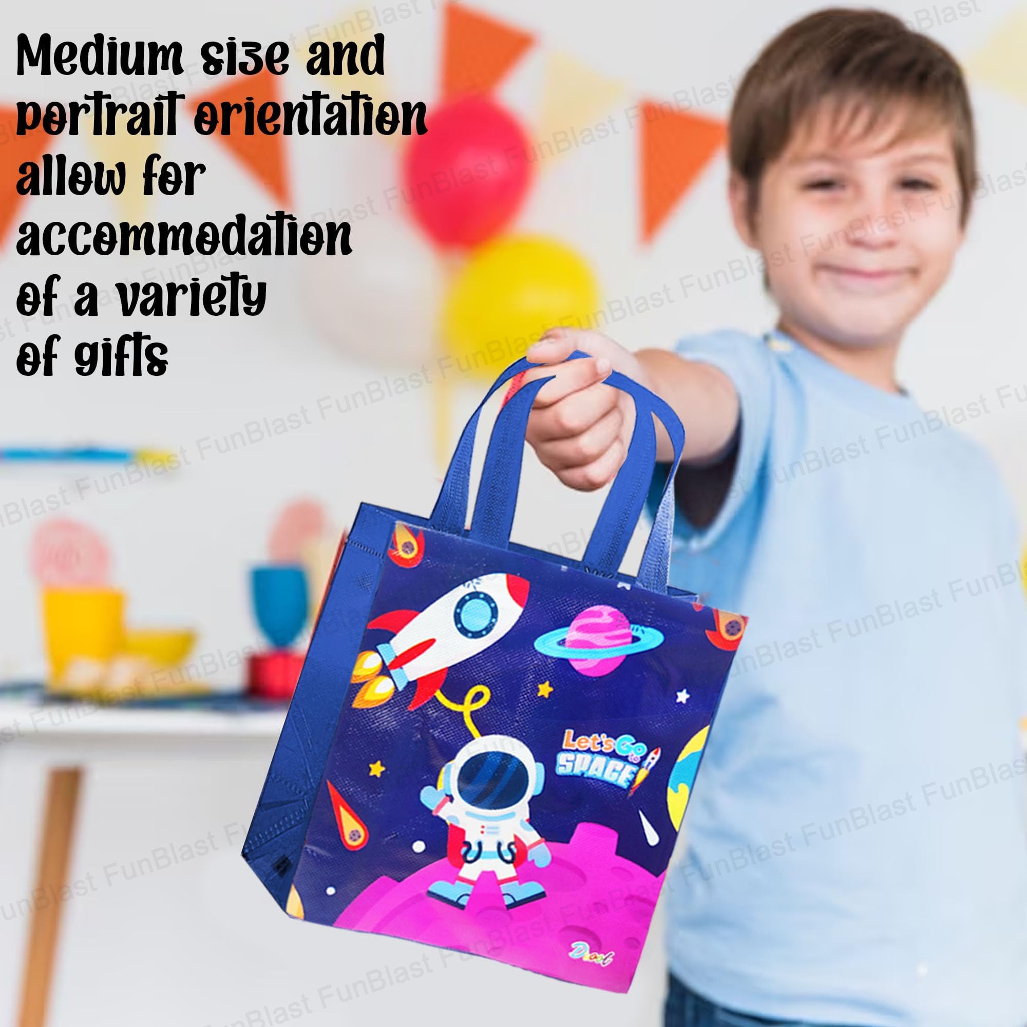 FunBlast 12-Pack Reusable Non-Woven Space Themed Gift Bags - Eco-Friendly Party Favors, Birthday Return Gifts, Kids Goodie Bags for Birthdays, Baby Showers & School Events