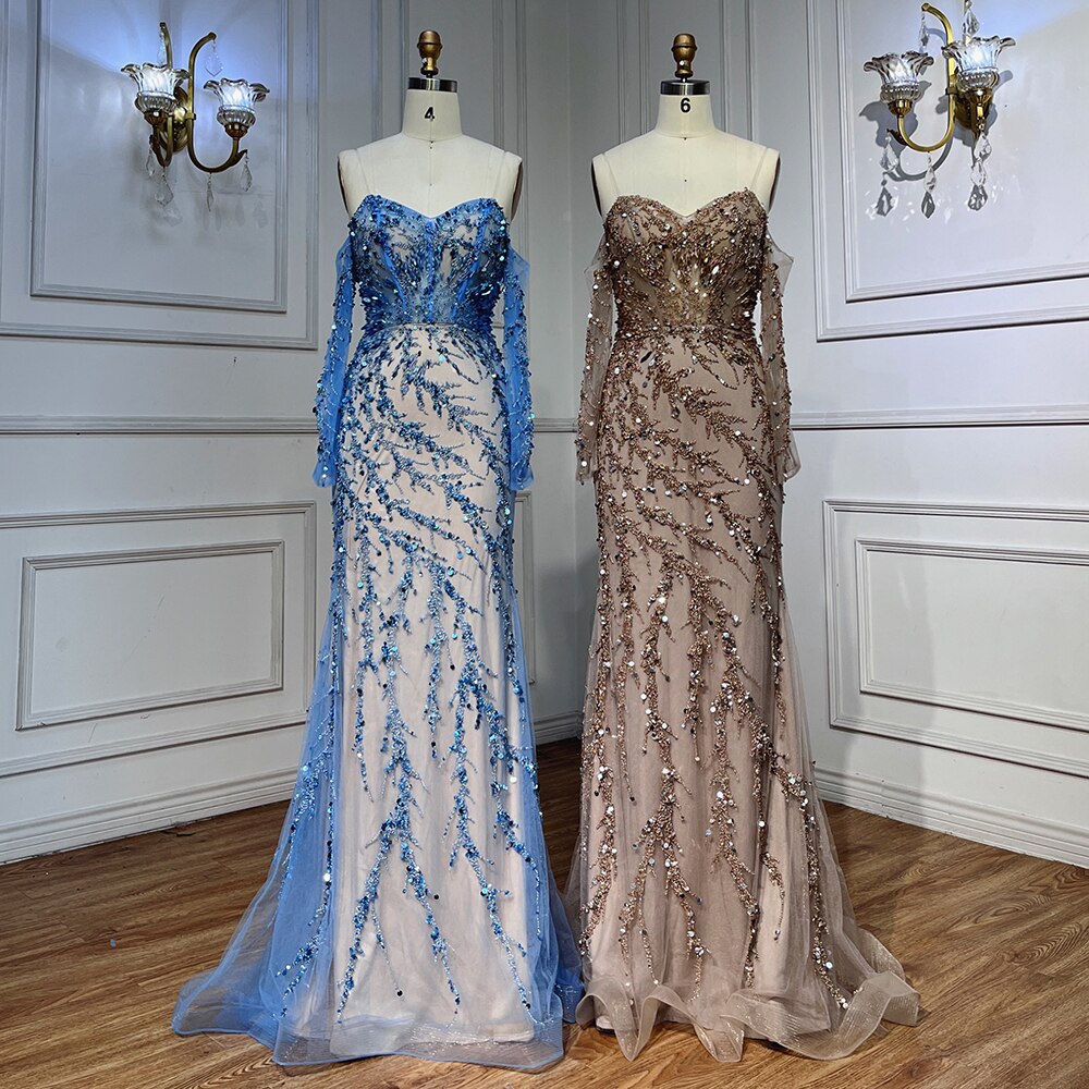 Elegant Blue Boat Neck Long Sleeve Mermaid Evening Dress for Women - 2025 Formal Gown for Wedding, Party & Special Occasions | LA71653C | Perfect for Prom, Cocktail Events & Black Tie Galas