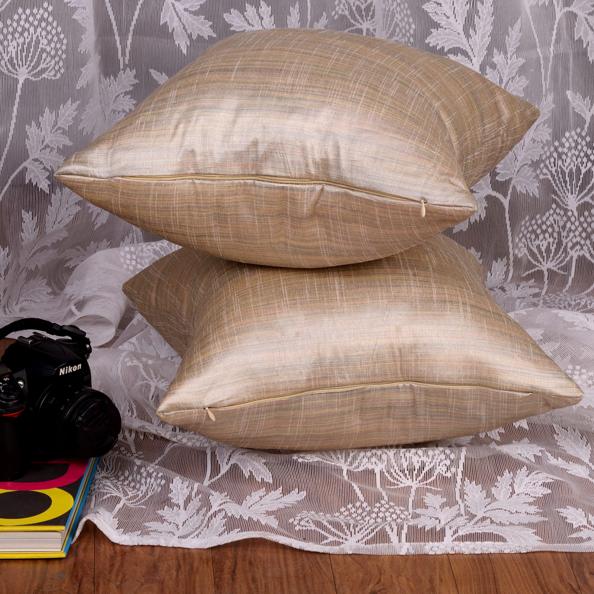 Boho Decorative Throw Pillows Set of 2 - 12x12 Inch Silk Solid Pillow Covers for Couch, Sofa & Bed - Cream Farmhouse Living Room Decor for Cozy Home, Bedroom & Guest House