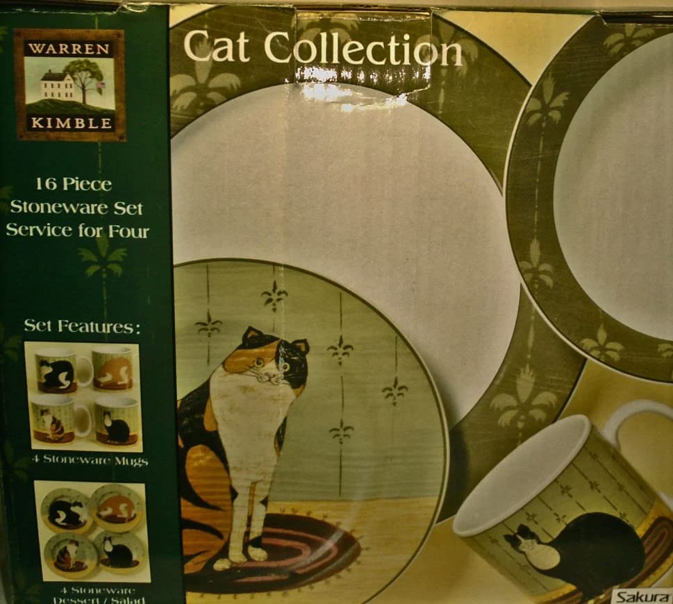 Sakura Oneida 16-Piece Stoneware Cat Collection Dinnerware Set - 4 Dinner Plates, 4 Coffee Mugs, 4 Salad/Dessert Plates & 4 Soup Bowls with Warren Kimble Cat Designs - Perfect for Family Dinners, Tea Parties & Cat Lovers' Home Decor