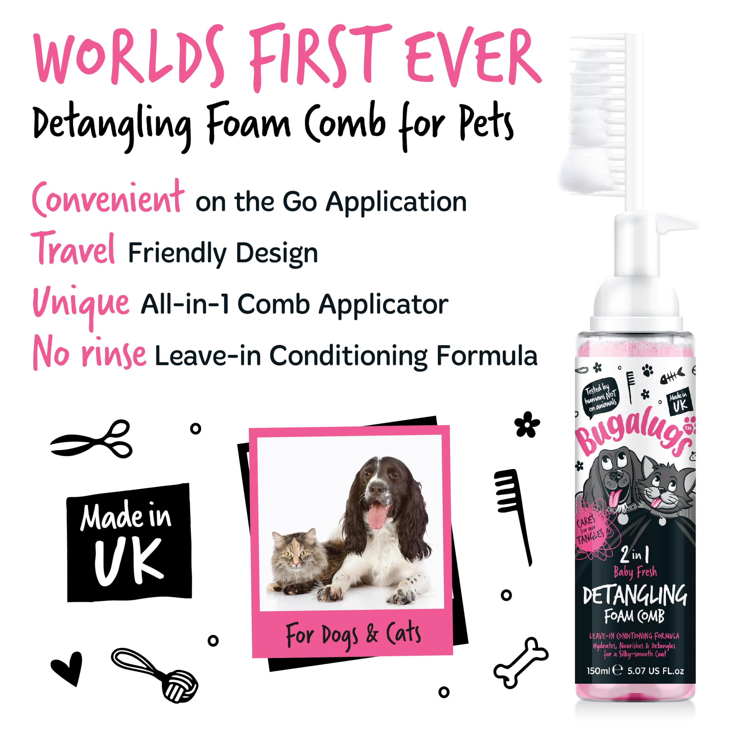 Bugalugs Pet Detangler Foam Comb - Leave-In Conditioner Spray for Dog Grooming, Detangling & Knot Removal with Wheat Protein (Baby Fresh Scent) - Perfect for Daily Coat Care & Professional Grooming Sessions