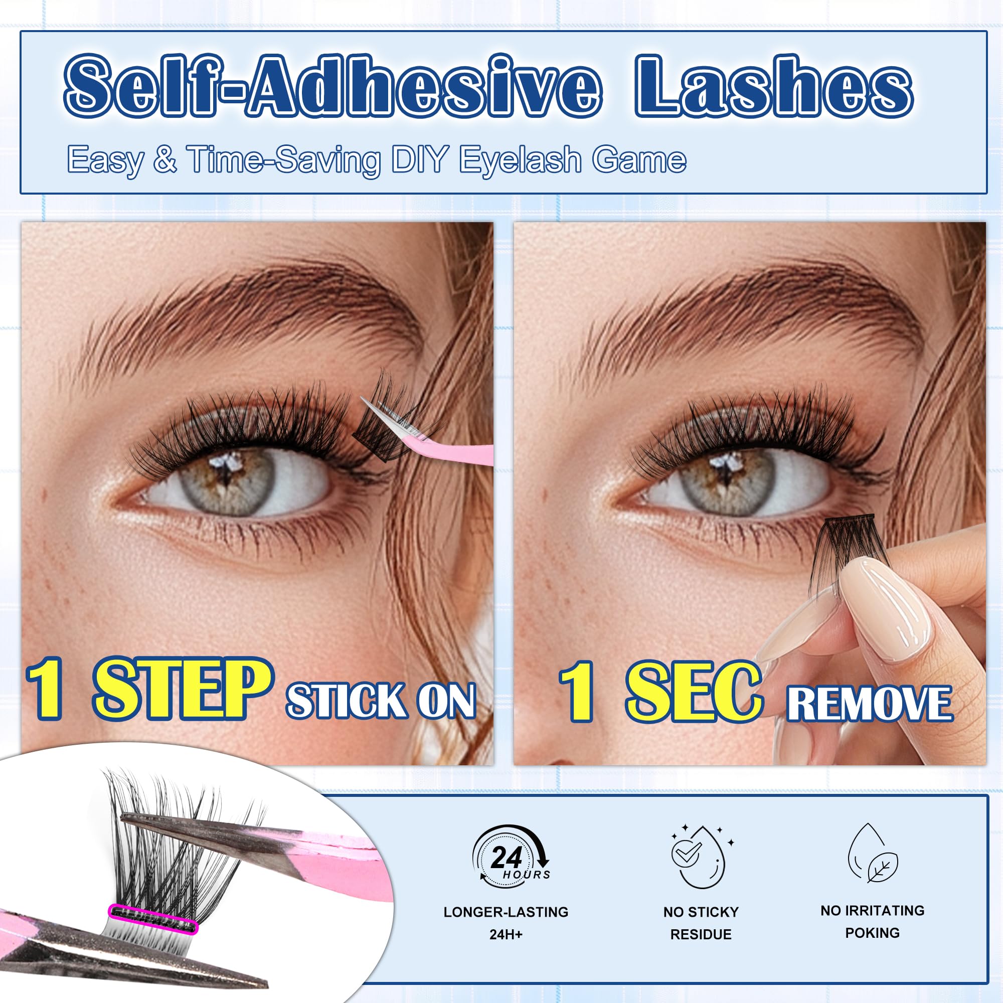 JoMay Self Adhesive Eyelashes - D Curl Press On Lashes Clusters, No Glue Needed, Natural Look, 32PCS DIY Lash Extension Kit (10-16mm, G04) - Perfect for Daily Wear, Parties & Special Occasions