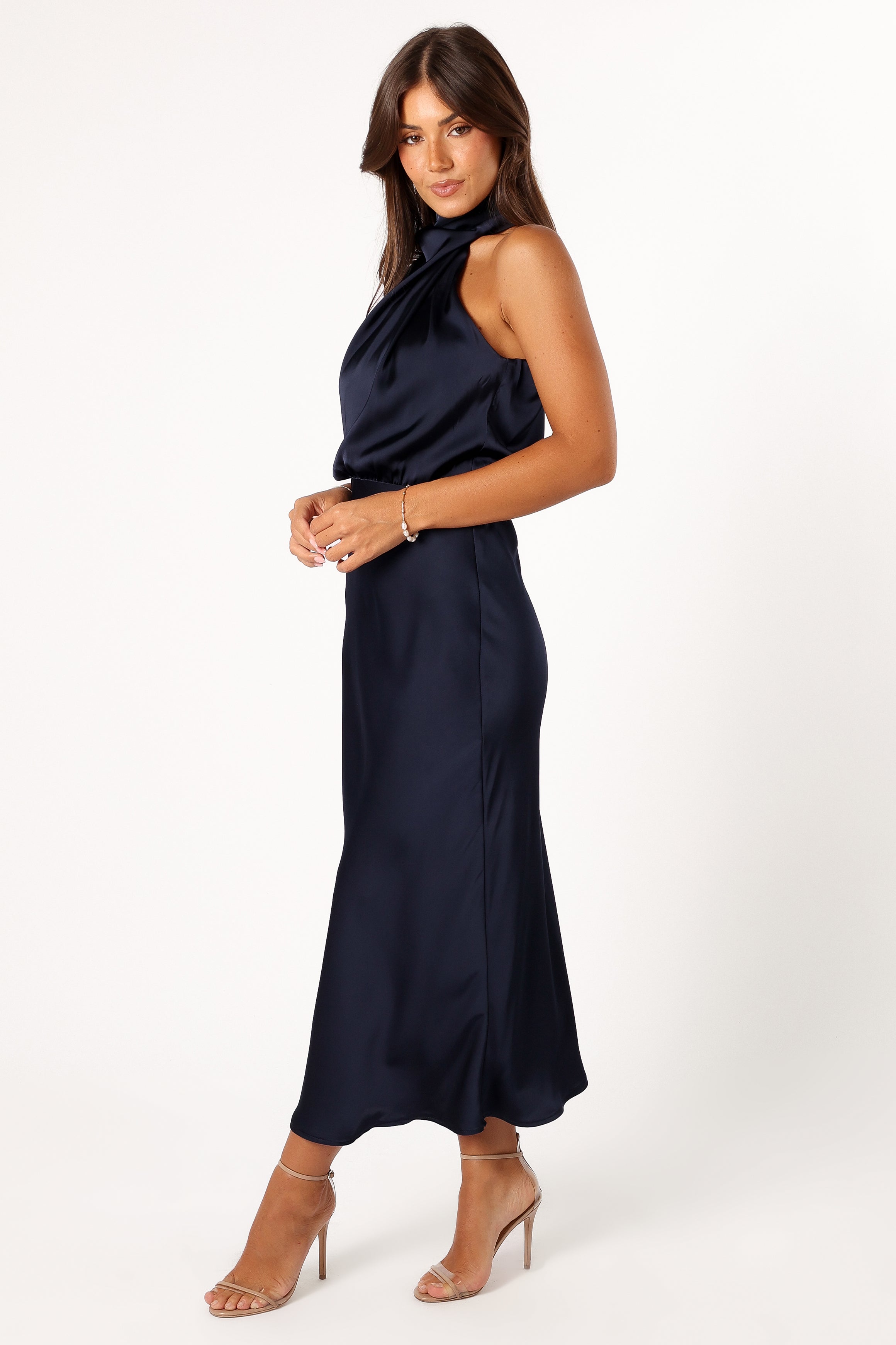 Anabelle Women's Halter Neck Midi Dress - Navy Blue Flowy Summer Dress for Beach, Wedding & Party Occasions