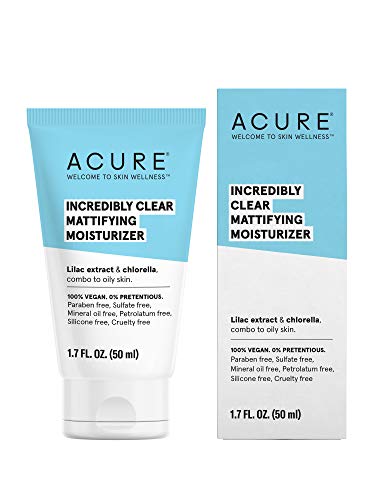 Acure Incredibly Clear Mattifying Moisturizer 1.75 Fl Oz - 100% Vegan Face Moisturizer for Oily, Normal & Acne-Prone Skin with Lilac Extract & Chlorella | Oil Control & Hydration for Daily Skincare Routine