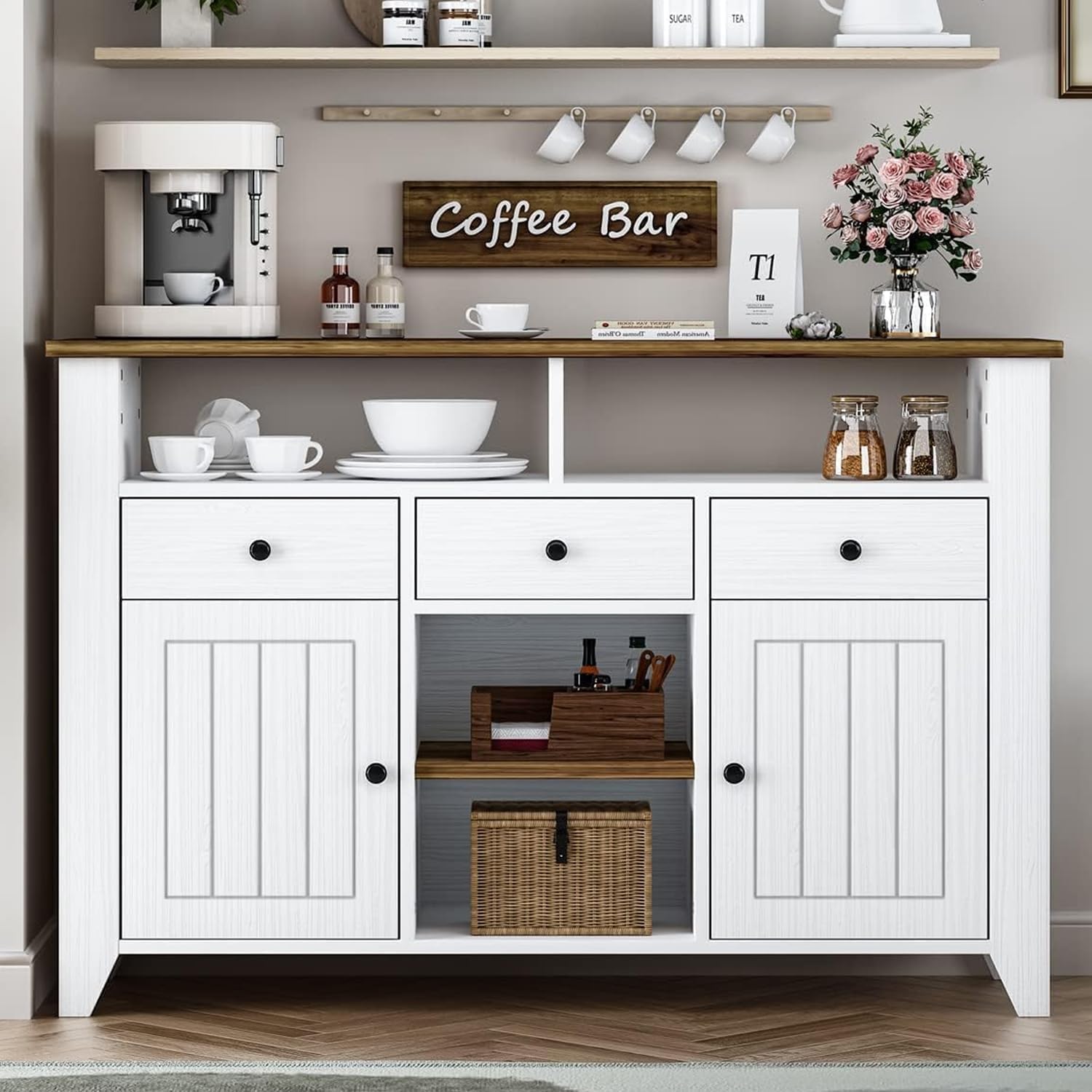 Farmhouse Coffee Bar Cabinet with Storage - 47 Inch White Buffet Cabinet with 3 Drawers, 2 Doors & Open Shelf - Kitchen Coffee Station for Living Room, Dining Room - Perfect for Entertaining Guests & Organizing Coffee Essentials
