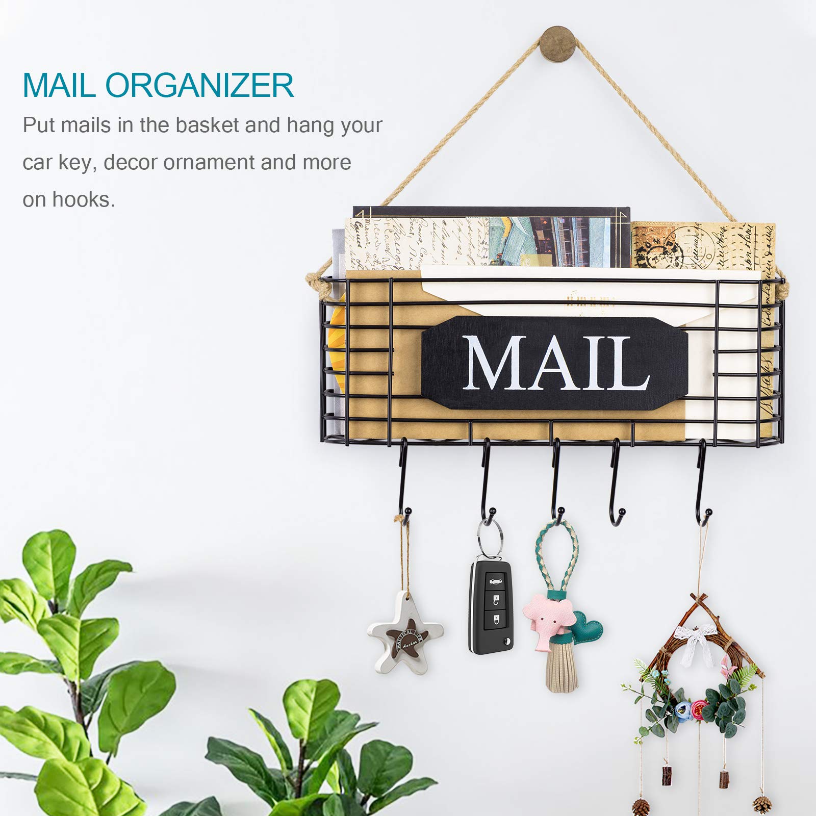 Rustic Wall Mounted Mail and Key Holder with 5 Hooks - Large Black Mail Organizer for Entryway, Home Office & Farmhouse Decor