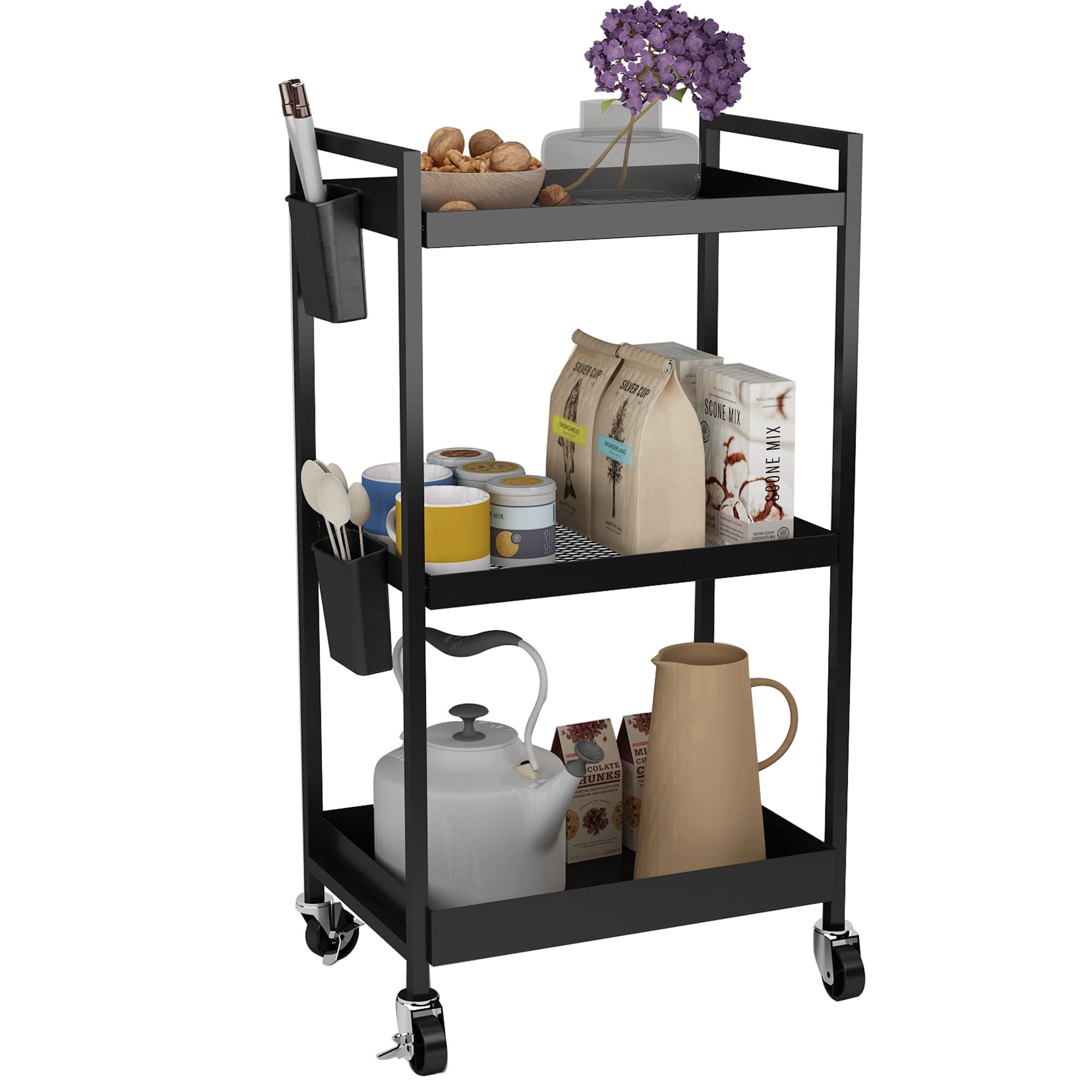 STEEHOOM 3-Tier Metal Rolling Utility Cart with Locking Wheels & 2 Hanging Cups - Mobile Storage Organizer for Kitchen, Bathroom, Office, Living Room, Balcony & Library - Perfect for Home Organization, Office Supplies & Bathroom Essentials