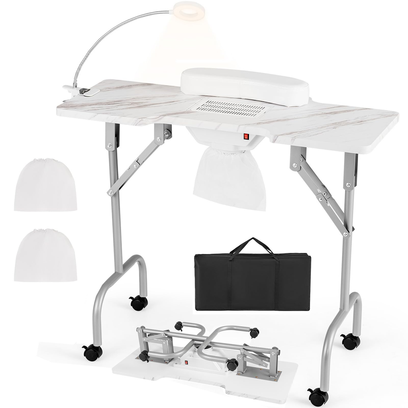 Giantex Foldable Nail Tech Desk with Built-in Dust Collector Fan, Adjustable LED Light & Wrist Pad - Portable Manicure Table with 4 Lockable Wheels & Carrying Case, Marble White - Perfect for Salon Professionals & Home Nail Artists