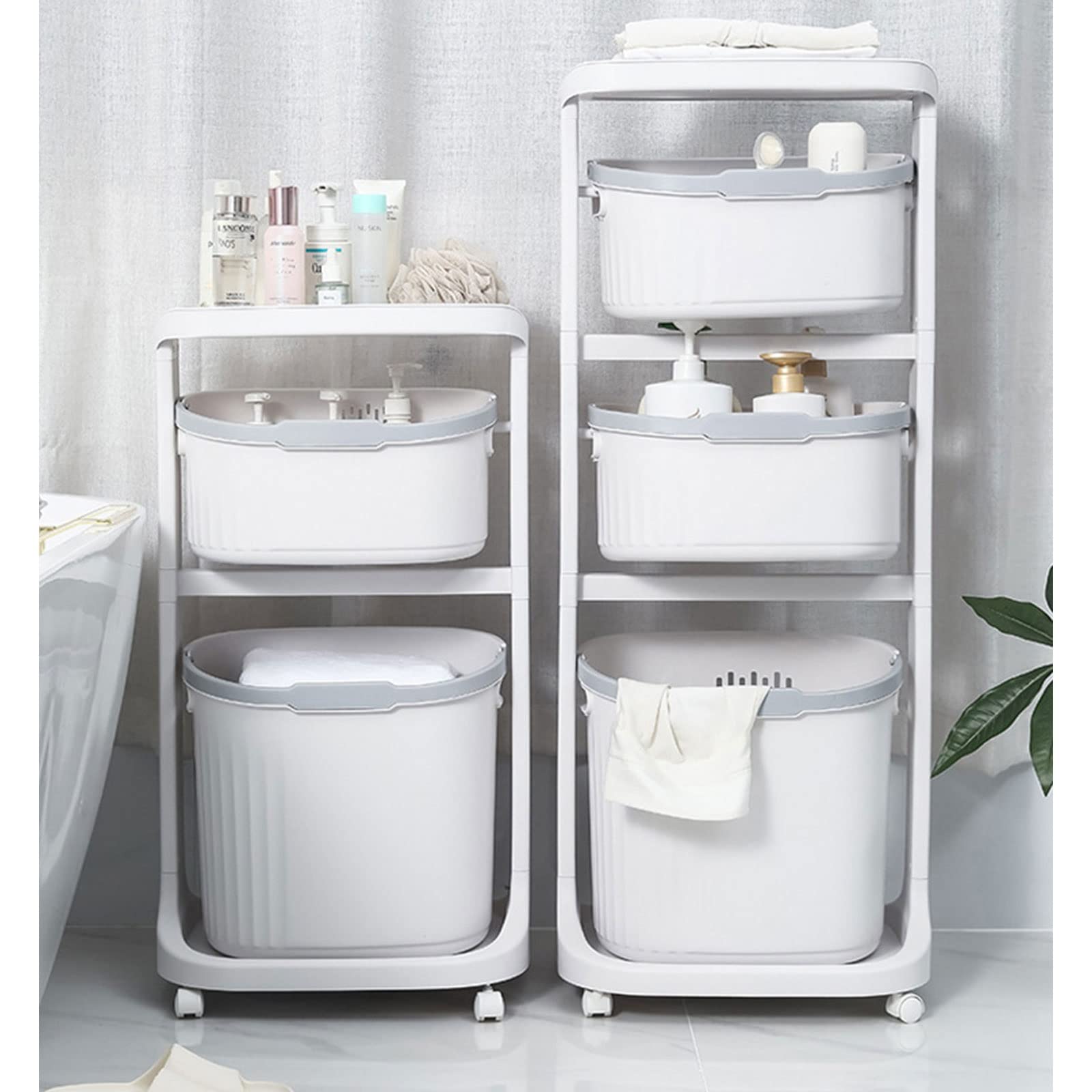 QINGXun 3-Tier Rolling Storage Cart with Large Tray & Simple Handle - Narrow Bathroom & Kitchen Organizer on Wheels, White - Perfect for Small Spaces, Pantry, Laundry Room & Closet Organization