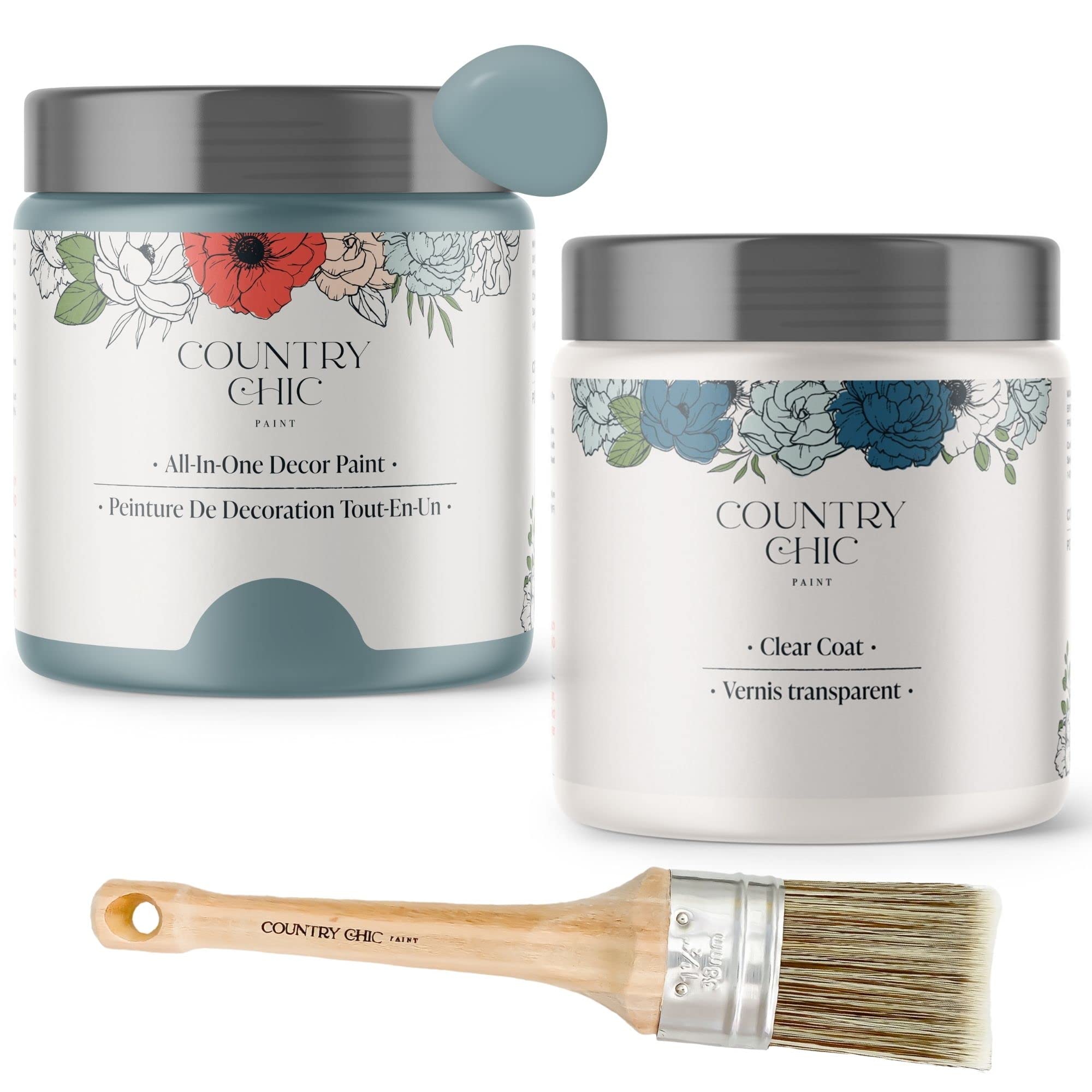 Chalk Style Paint Set with Clear Coat & Paint Brush - DIY Furniture, Home Decor, Crafts - Nightfall Blue (16 oz Pint) - Perfect for Upcycling, Shabby Chic Projects & Vintage Finishes