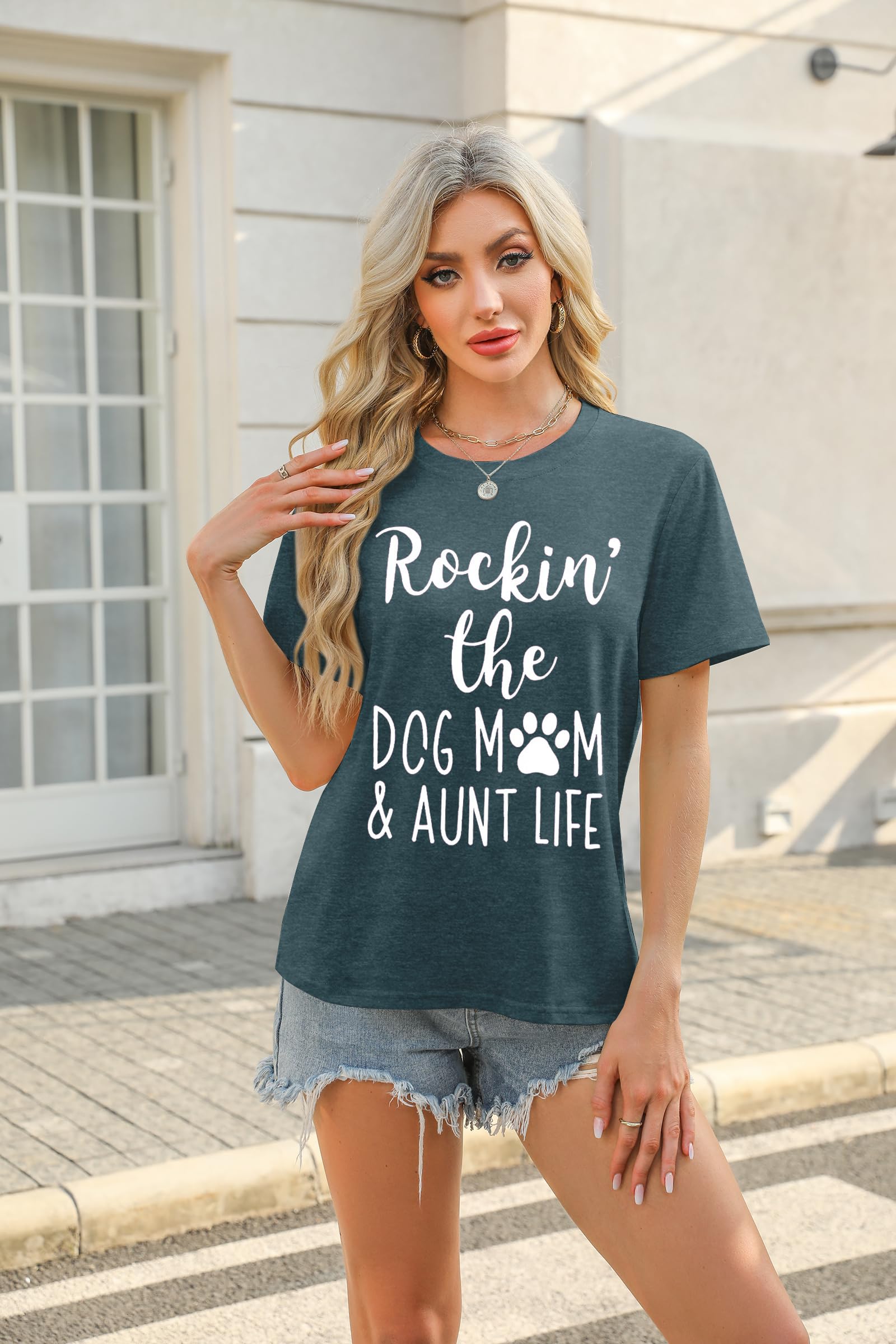 Funny Dog Mom T-Shirt for Women - Cute Dog Paw Graphic Tee - Rockin' The Dog Mom Aunt Life - Perfect Gift for Dog Lovers - Short Sleeve Top - Great for Casual Wear, Dog Parks & Pet Lover Events