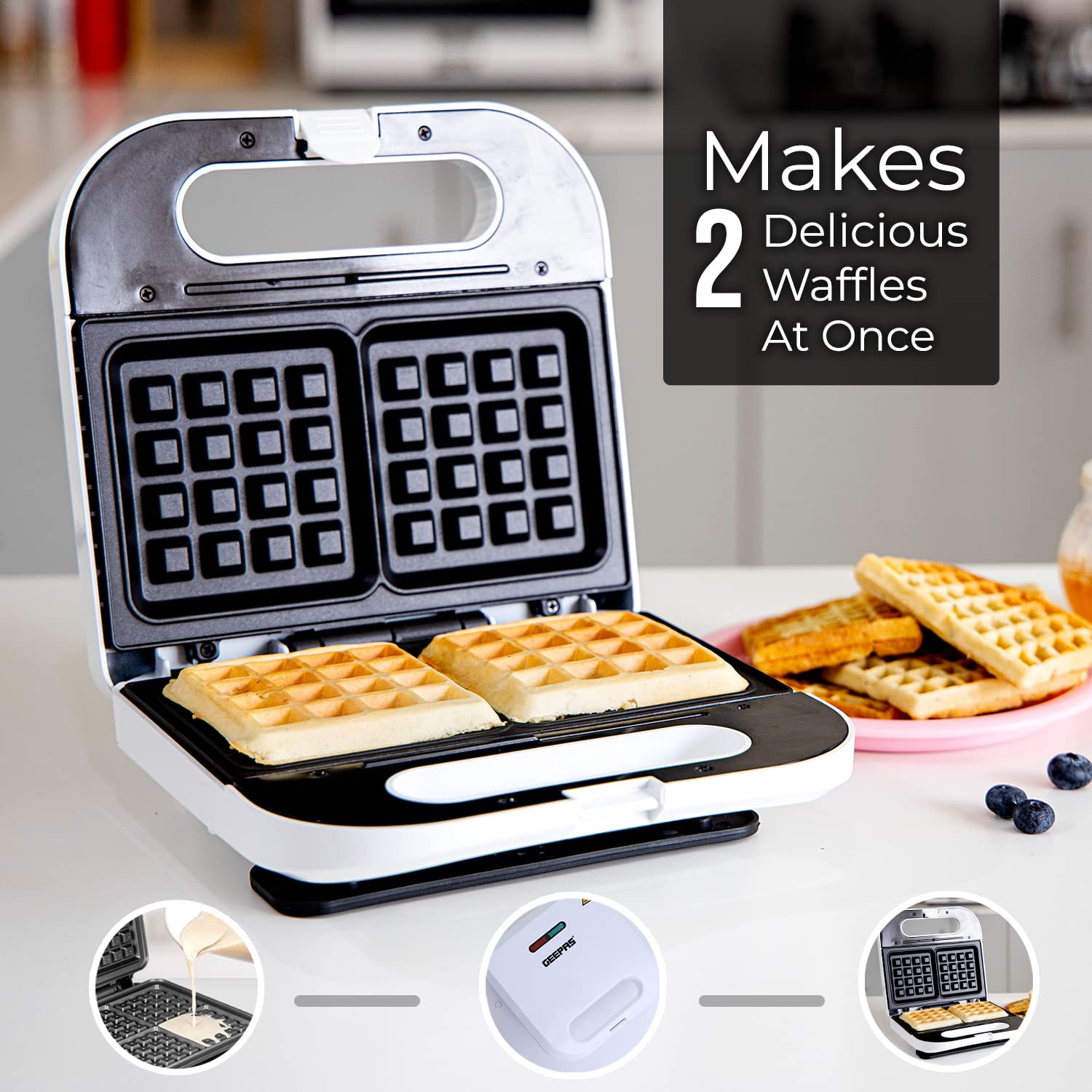 Geepas 750W 2-Slice Belgian Waffle Maker - Non-Stick Electric Waffle Iron with Thermostat Control & Deep Plates - Fast 5-Min Waffles - Perfect for Breakfast, Brunch & Family Gatherings - 2-Year Warranty