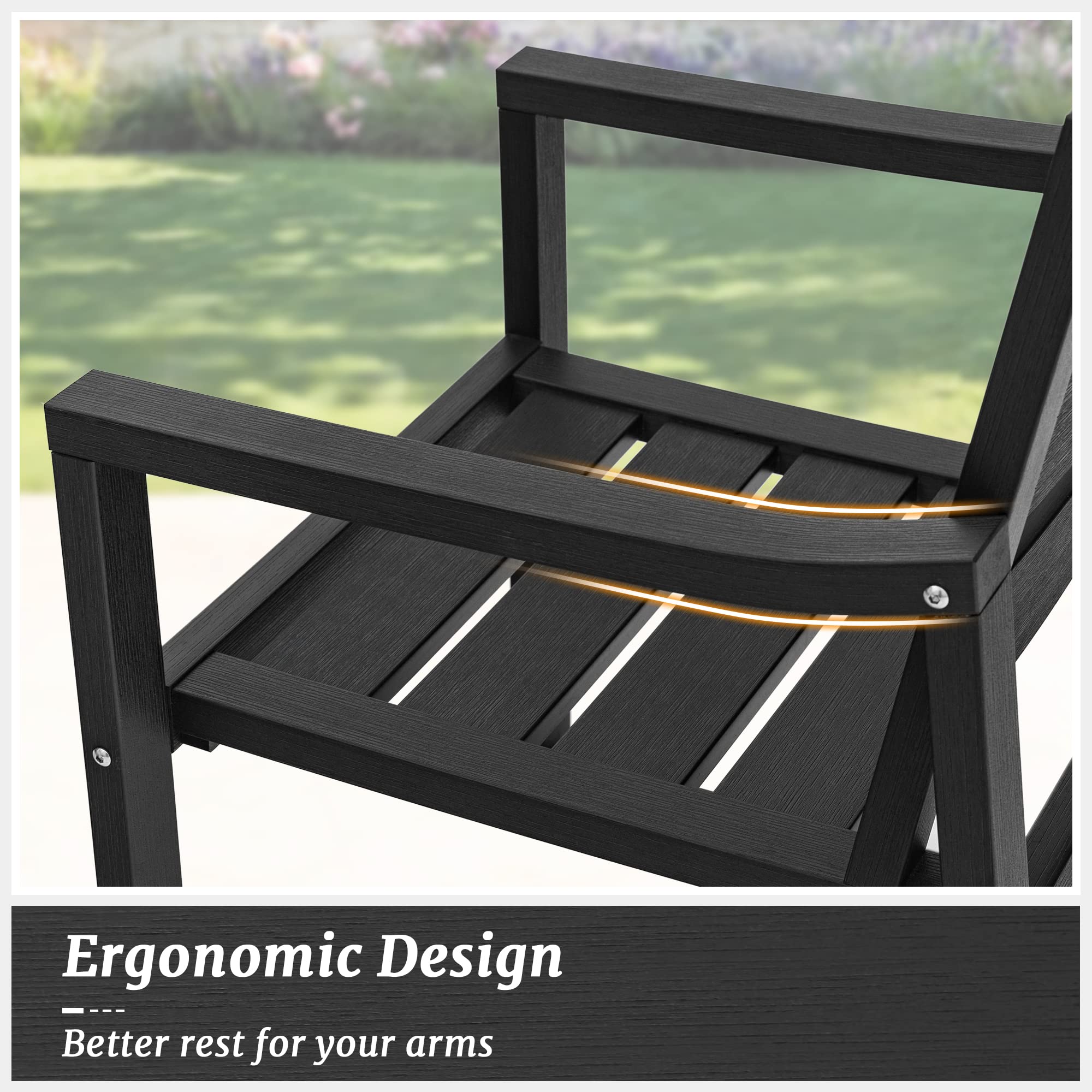 Heavy Duty HDPS Outdoor Dining Chairs 350LBS Capacity - All Weather Patio Chairs with Armrests & Square Frame Legs for Backyard, Garden, Lawn, Indoor/Outdoor Use - Perfect for BBQs, Poolside Relaxing & Outdoor Entertaining (Black)