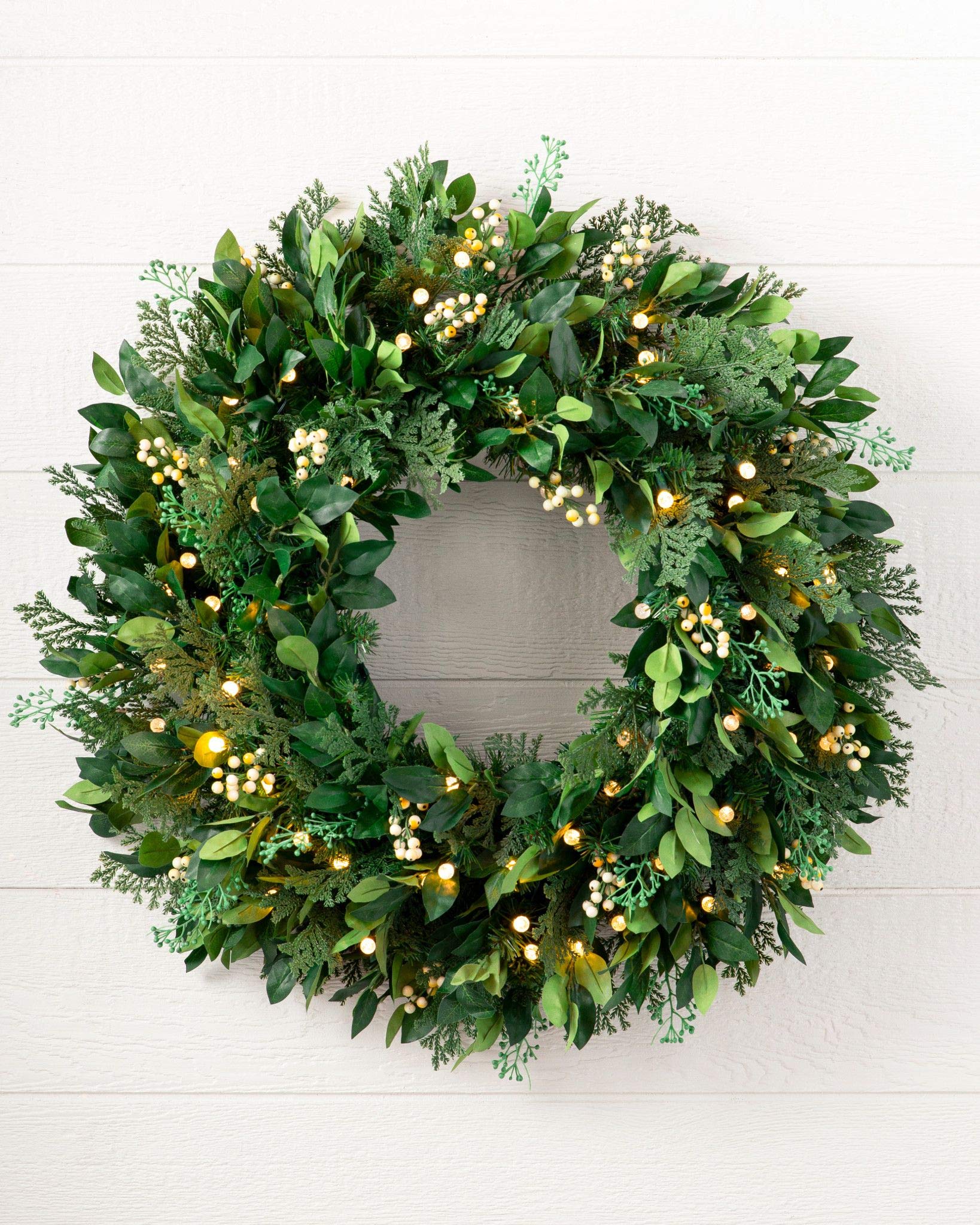 Balsam Hill 34 Inch Premium Prelit White Berry Cypress Artificial Christmas Wreath with Battery Powered Clear LED Lights - Perfect for Holiday Door Decor, Fireplace Mantel & Festive Home Decor
