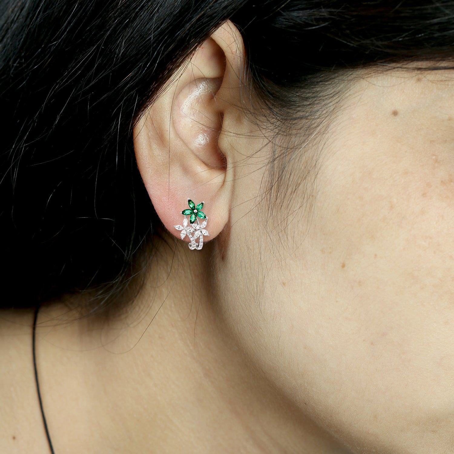 Exquisite Marquise Cut Emerald Prong Rose Cut Flower Stud Earrings in 14K White Gold - Perfect for Weddings, Anniversaries & Special Occasions