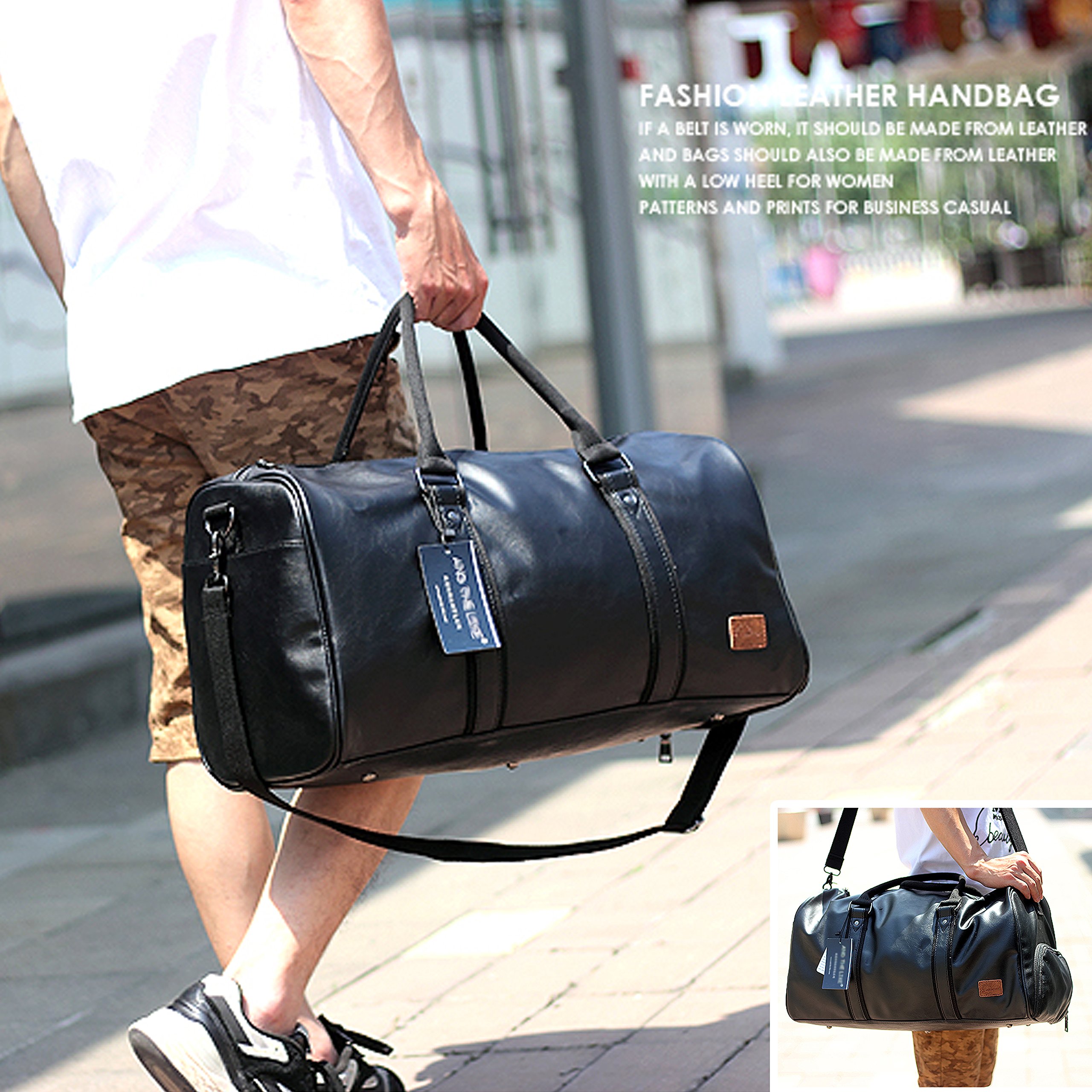 Premium Leather Travel Bag with Shoe Compartment - Waterproof Weekender Overnight Duffle Bag for Men & Women (Black) - Perfect for Gym, Business Trips & Weekend Getaways