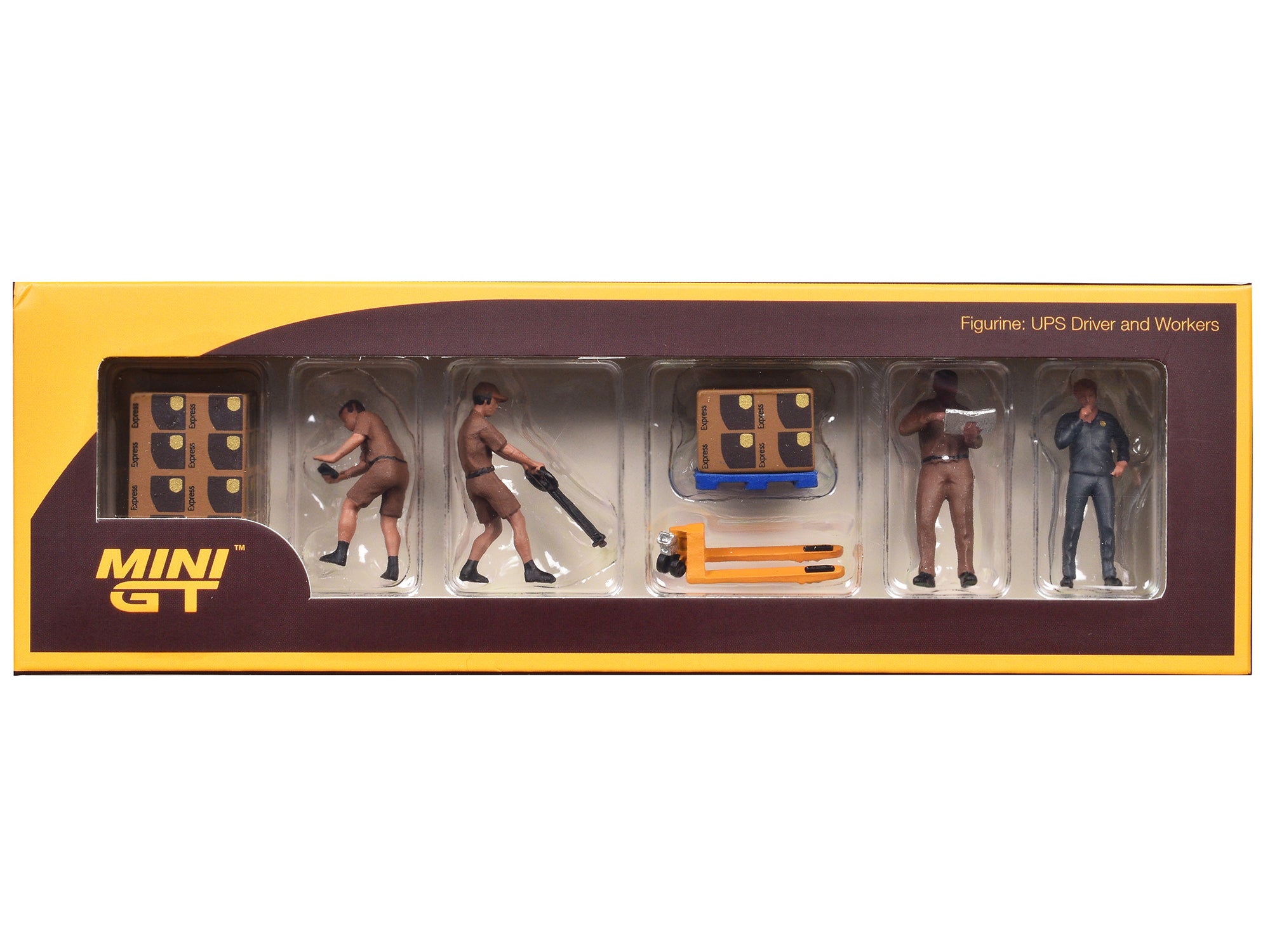 Mini GT 1/64 Scale UPS Delivery Truck & Worker Figure Set - 7 Piece Diecast Model Collection for Car Enthusiasts & Diorama Scenes