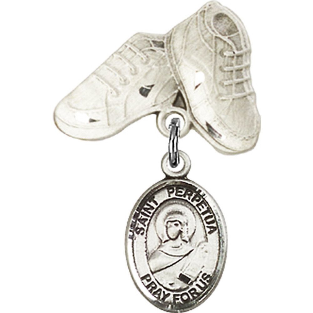 Bonyak Sterling Silver St. Perpetua Charm Baby Badge with Boots Pin - 1 X 5/8 Inch Religious Jewelry for Baptism, Christening & First Communion Gifts