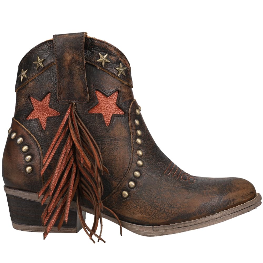 Circle G Women's Distressed Brown Fringe & Studs & Laser Ankle Boots - Round Toe, Rubber Sole, Urban Style Q0181 - Perfect for Casual Outings, Music Festivals & Boho Fashion