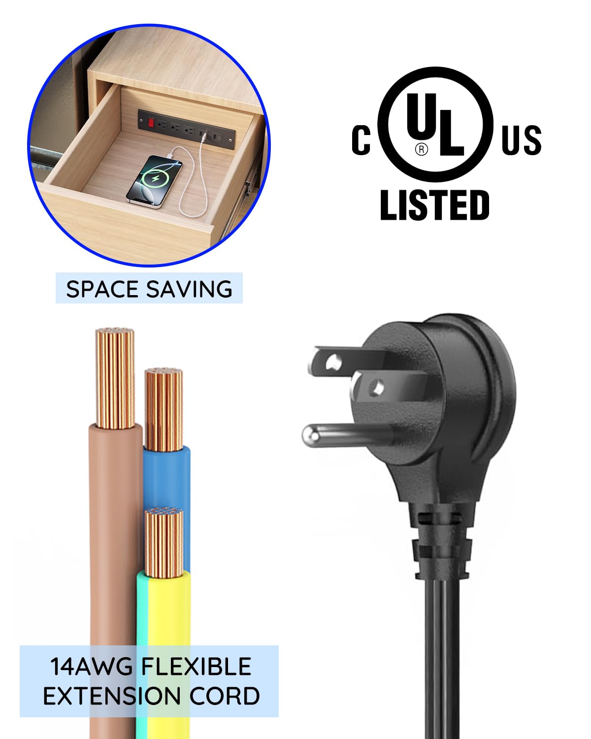20W USB C PD Fast Charging Recessed Outlet with Drawer & Cord Management - 14AWG Power Cable for Kitchen Cabinets, Office Desks & Home Organization (Black)