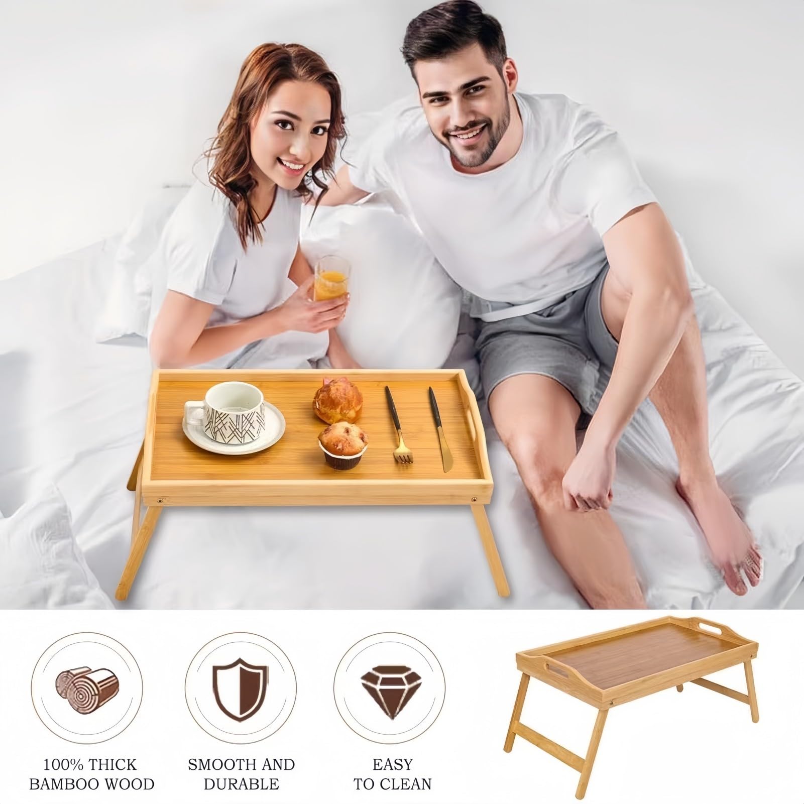 Foldable Wooden Bed Tray with Adjustable Legs - Breakfast, Snack & Work Tray for Sofa, Bed or Lap Desk - Perfect for Eating, Working & Relaxing in Bed or Living Room