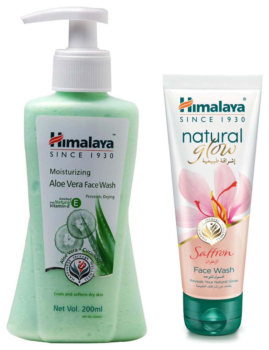 Himalaya Moisturizing Aloe Vera Face Wash 200ml & Himalaya Herbals Fairness Kesar Face Wash 100ml - Gentle Cleansing for Dry & Sensitive Skin, Brightening Facial Cleanser for Daily Skincare Routine