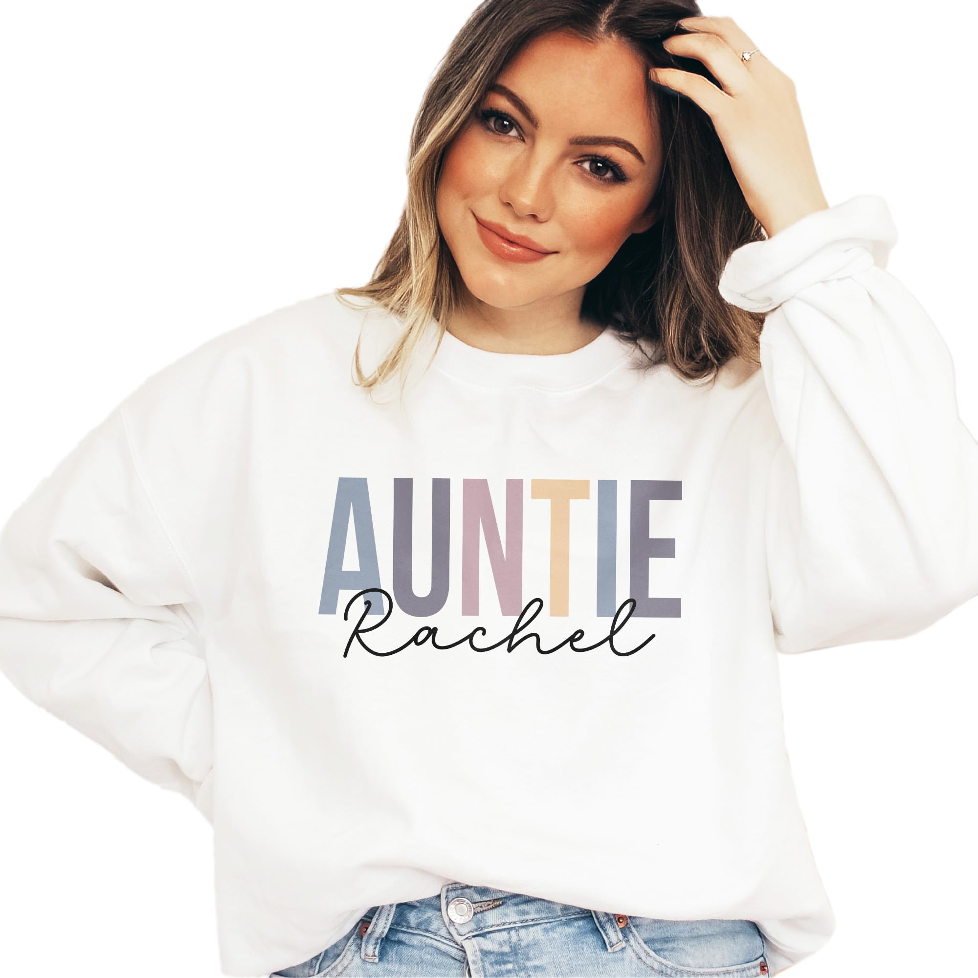 Custom Auntie Name Sweatshirt - Personalized Gift for New Aunt, Sister Pregnancy Reveal, Christmas Present - Unisex Crewneck Sweater for Family Celebrations & Cozy Everyday Wear