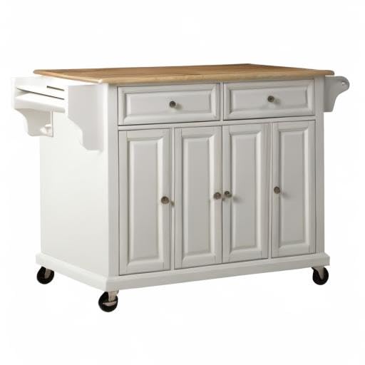 Crosley White Wood Top Rolling Kitchen Island Cart with Storage - Microwave Stand & Spice Rack - Perfect for Small Kitchens, Pantry Organization & Extra Counter Space