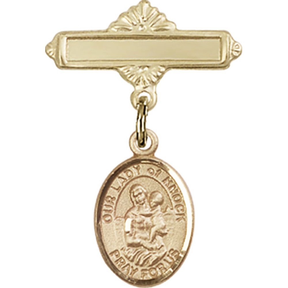 Gold Filled Baby Badge with Our Lady of Knock Charm - 1 X 5/8 Inch Polished Pin - Perfect for Baptism Gifts, Christening Jewelry & Religious Keepsakes
