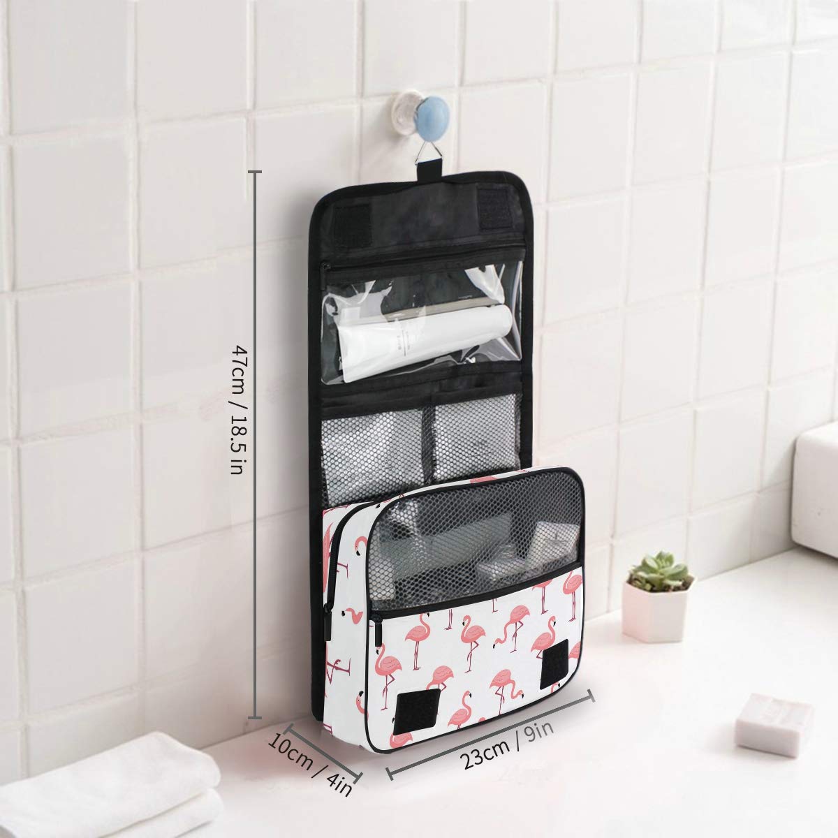 MOYYO Travel Hanging Toiletry Bag - Waterproof Cosmetic Organizer with Pink Flamingo Design for Women & Girls | Perfect for Makeup, Shower Essentials & Travel Accessories | Portable Cosmetic Pouch for Vacation, Gym & Daily Use