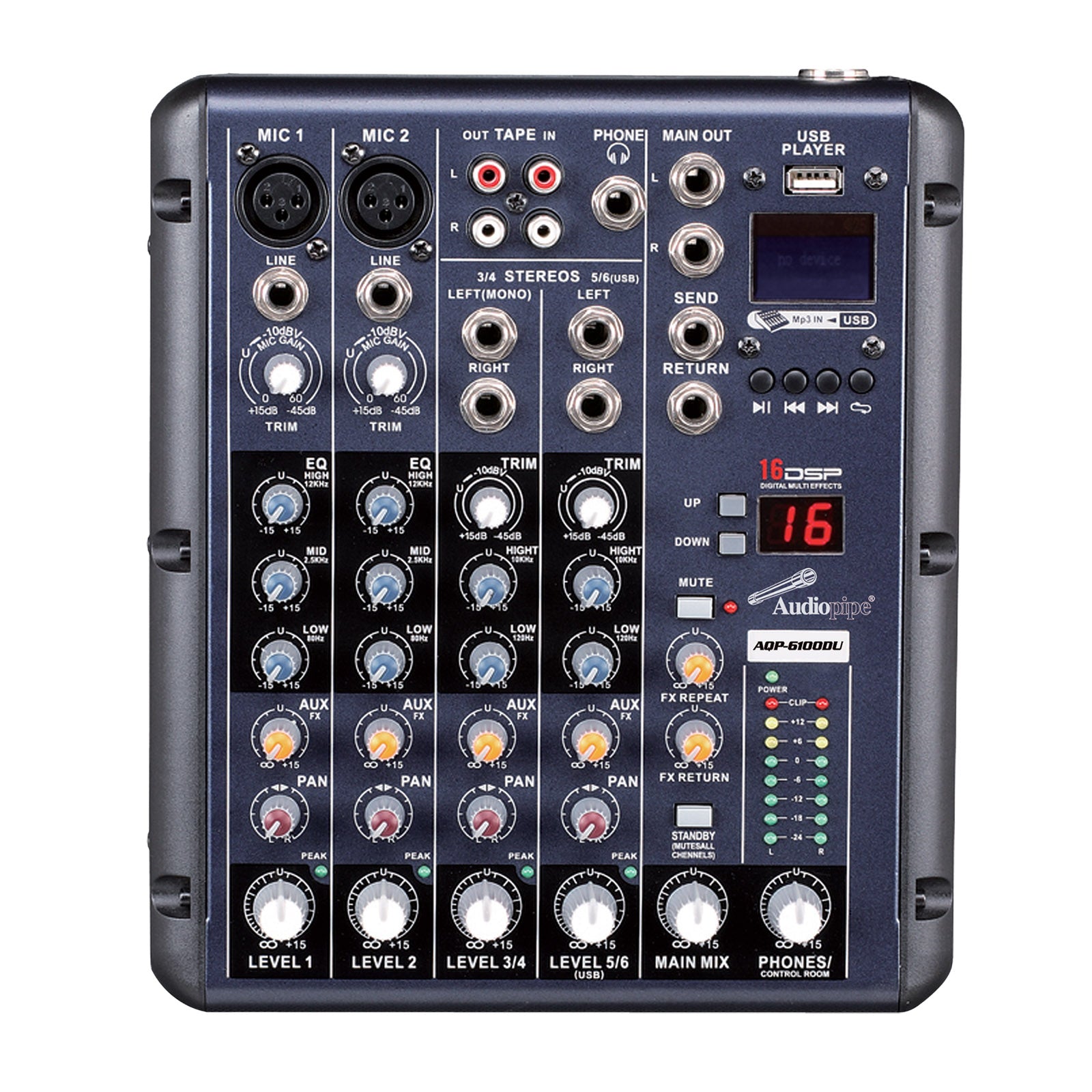 6 Channel Professional Audio Mixer with DSP Effects & MP3 Player - AQP 6100DU for Live Performances, DJ Sets, and Studio Recording