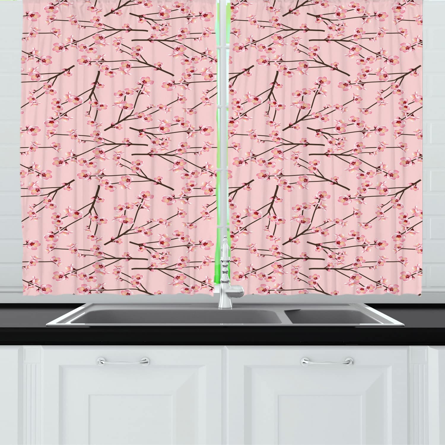Ambesonne Floral Long Kitchen Curtains - Japanese Momo Peach Tree Flower Design, 2 Panel Rod Pocket Drapes 55